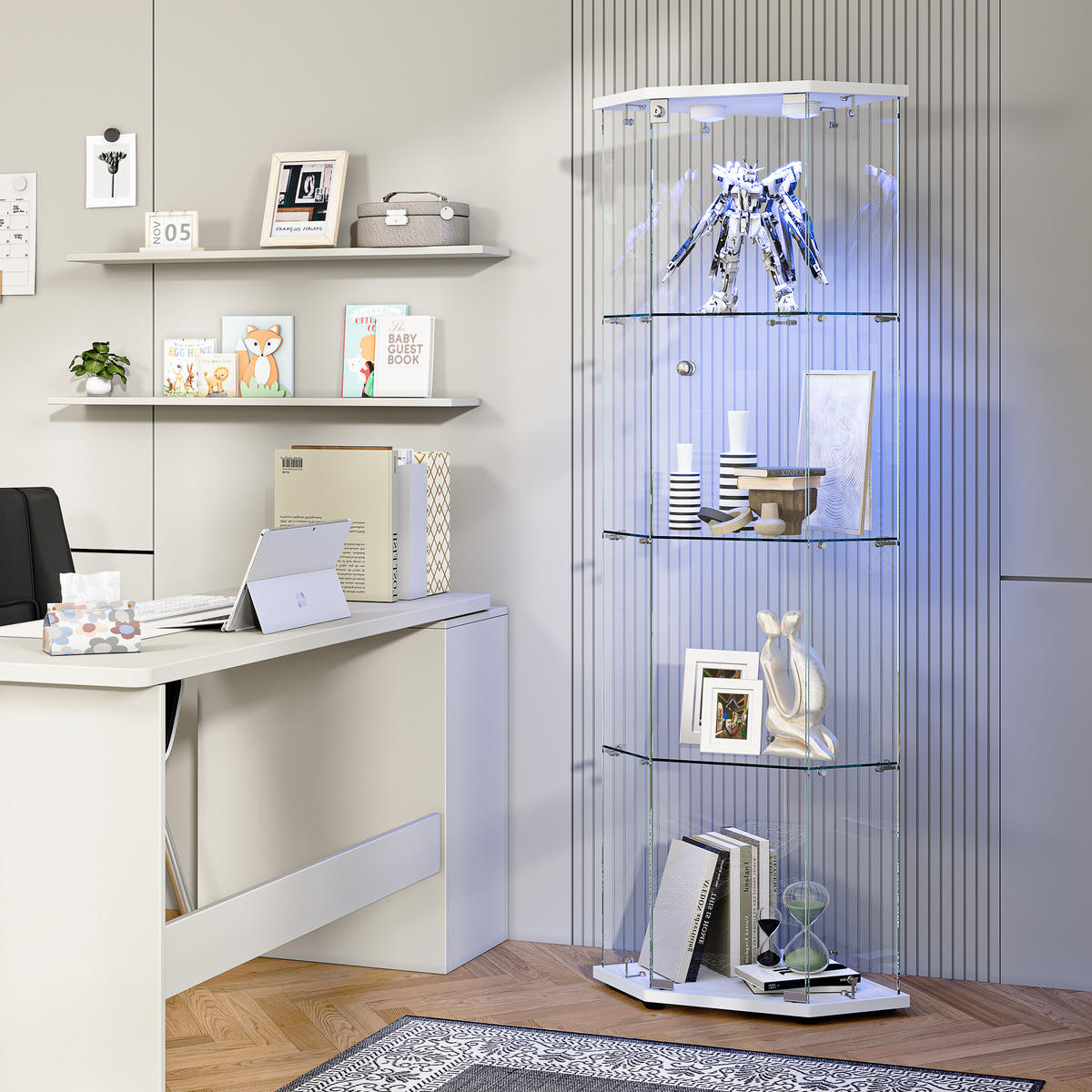 VITRINE 4 Etagen, 1 Tür, LED-Touchlicht Sockel, Pentagon, Weiß - Weiß, Glas (60/160/40cm) - EuroLiving