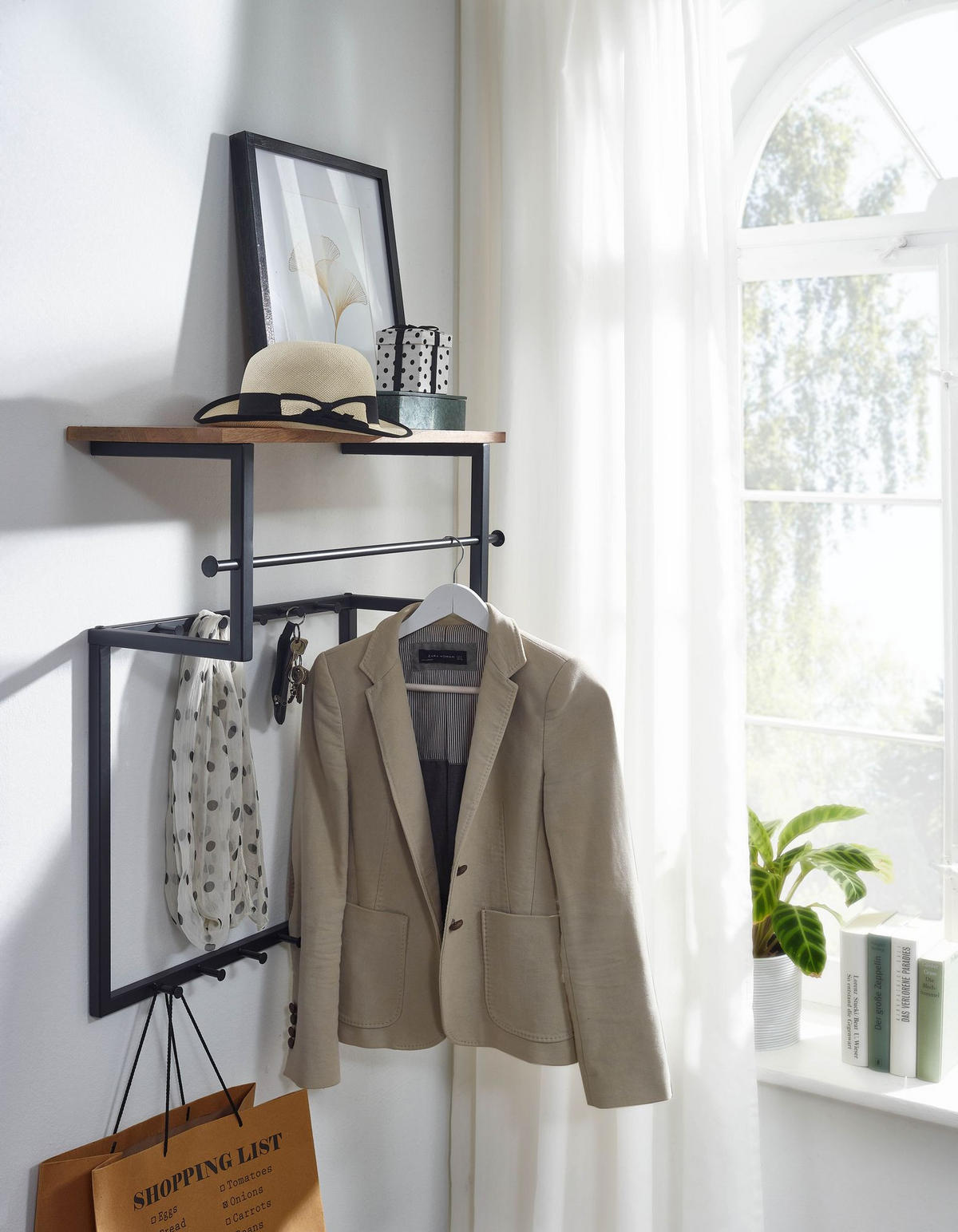 WANDGARDEROBE Massivholz Metall Modern mit 10 Haken, Kleiderstange und Ablage - Schwarz, Holz/Metall (60/76/26cm) - KADIMA DESIGN