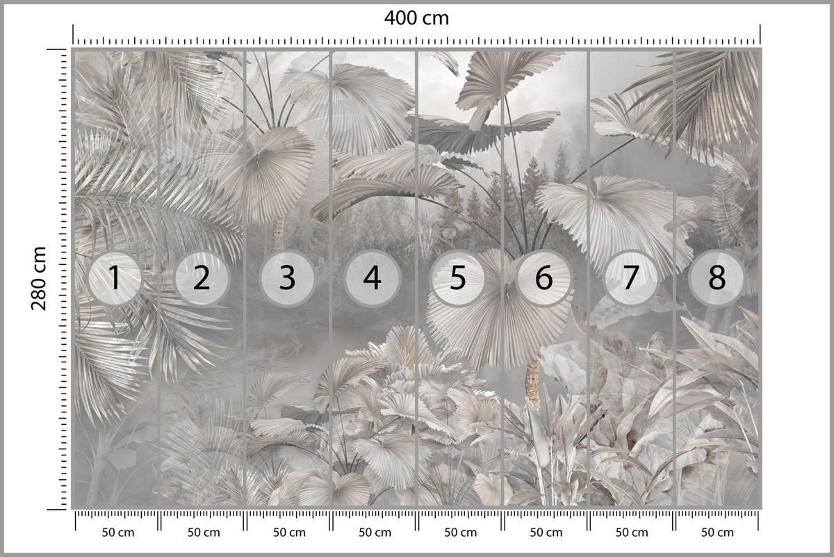 FOTOTAPETE für Wohnzimmer Tropische Blätter Dschungel Palmen Grau 400x280 - Beige/Grau, Papier (400/280cm) - Muralo