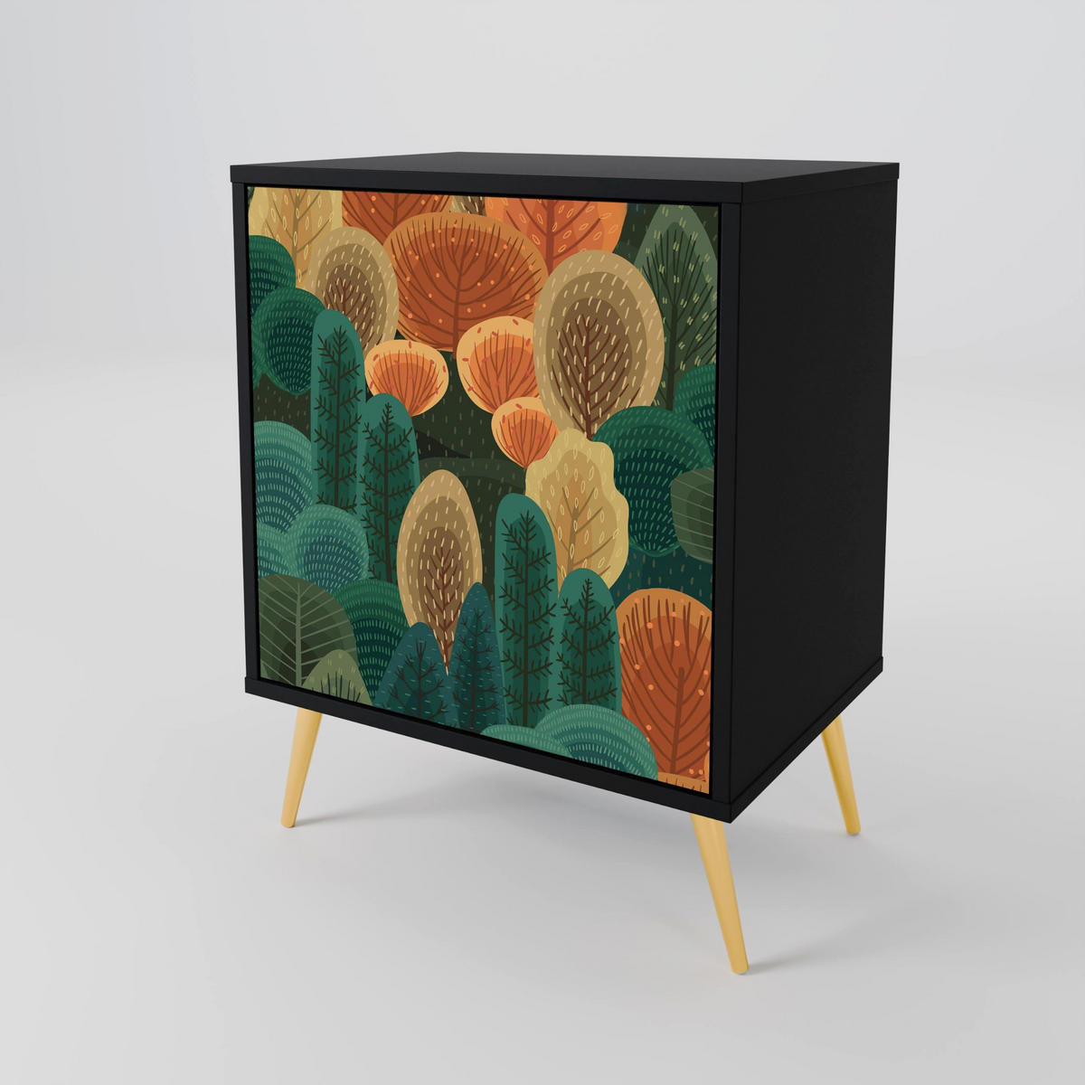 SIDEBOARD AUTUMN KALEIDOSCOPE, Schwarz, 57,5x42x70,5 cm, Schwarze Metall-Sternfüße - Multicolor/Schwarz, Holzwerkstoff/Metall (57.5/70.5/42cm) - SpaceRebels