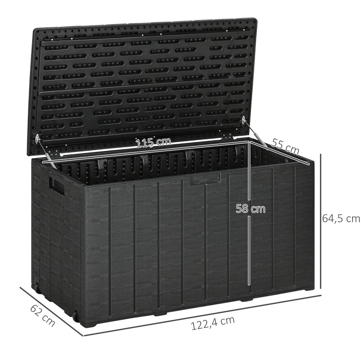 GARTENBOX 366 Liter aus Kunststoff doppelwandiger Wasserdicht Kissenbox - Schwarz, Kunststoff (62/64.5/122.4cm) - Outsunny