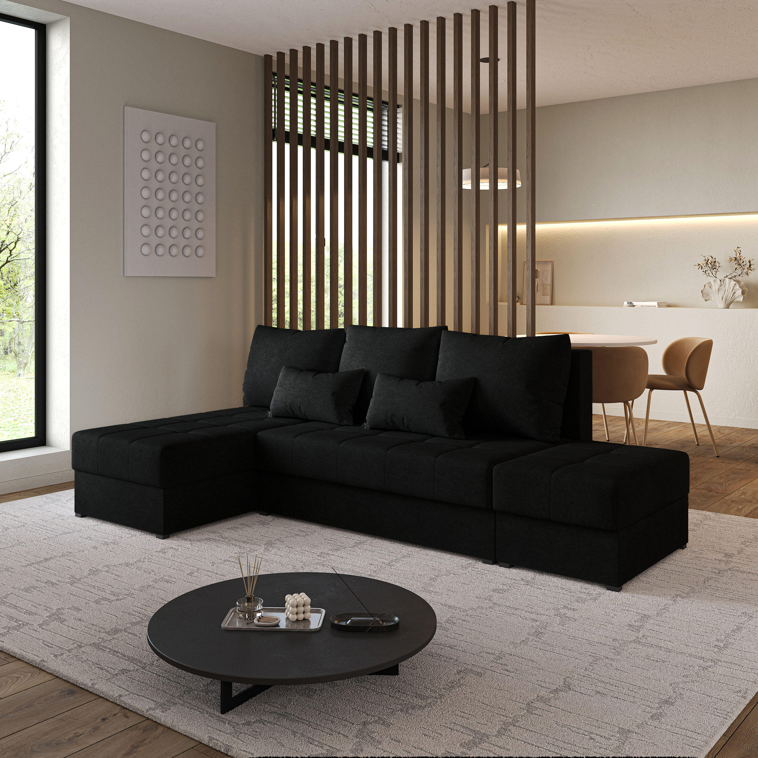 ECKSOFA NORVI Schwarz Geflochtener Stoff mit Schlaffunktion - Schwarz, Holz (251/143cm) - MASSENO