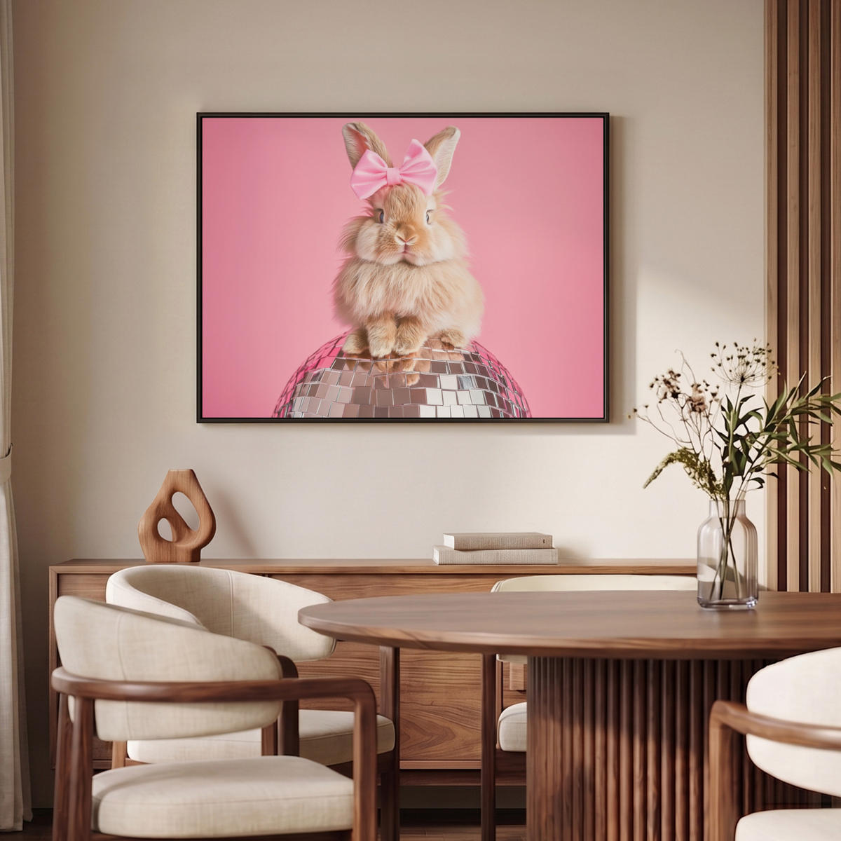 LEINWAND Bilder mit Rahmen - Schleife - Discoball - Kaninchen - 100x70 - Pink, Textil (100/70cm) - MuchoWow
