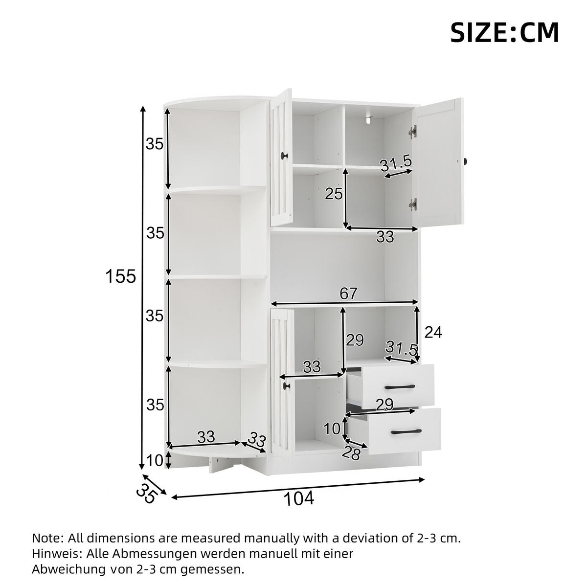 ECKSCHRANK 104/35/155 cm, 3 Schränke + 2 Schubladen, 6 offene Fächer, verstellbare Einlegeböden, Weiß - Weiß, Holzwerkstoff (104/155/35cm) - Redom