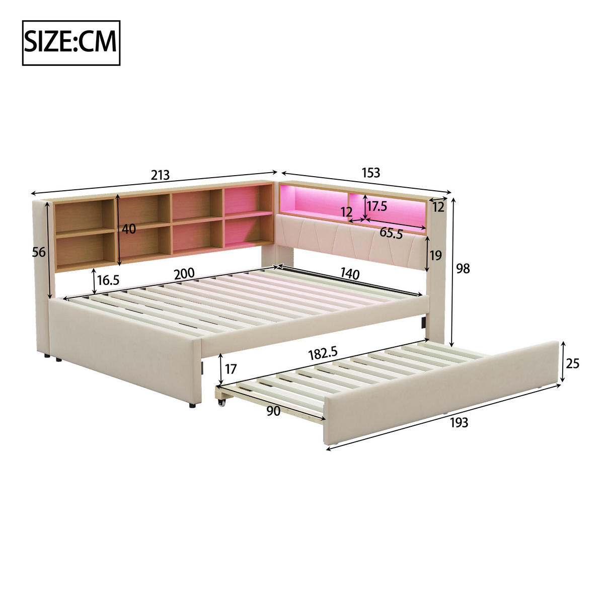 BETT mit Ausziehbett 140/200 cm & 90/190 cm mit LED-Beleuchtung und USB-Anschlüssen Flanell Beige - Beige, Textil (140/200cm) - OKWISH