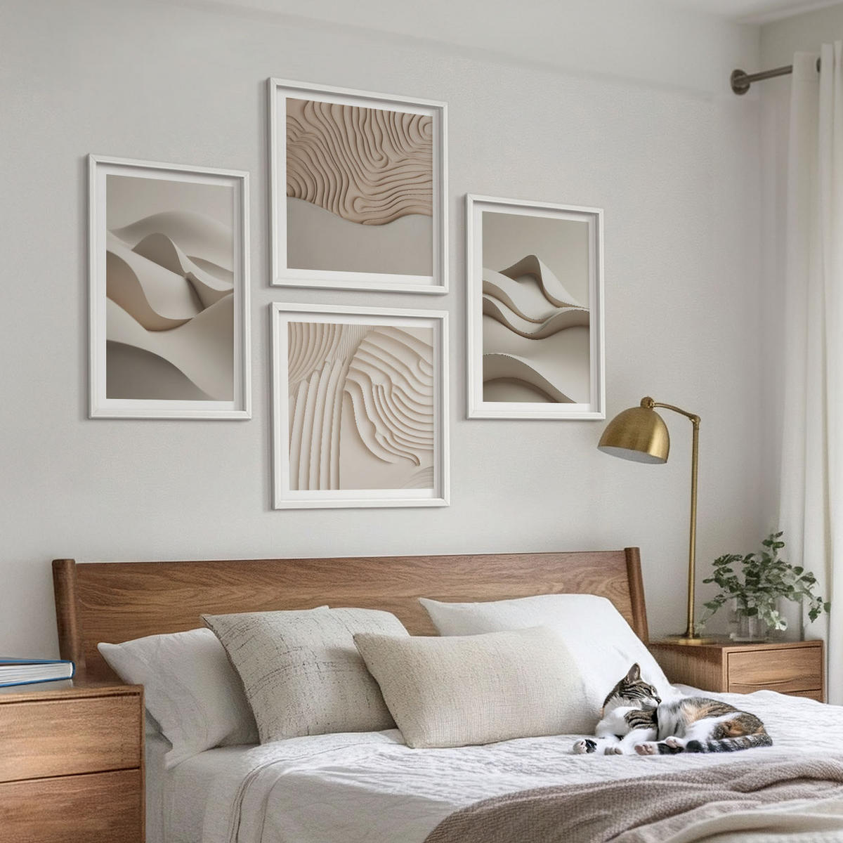 WANDBILDER 4er-Set - 50x50 cm & 40x60 cm Weißer Rahmen - Abstrakte beige Wellen - Weiß, Kunststoff (50/50cm) - ArtPrintCave