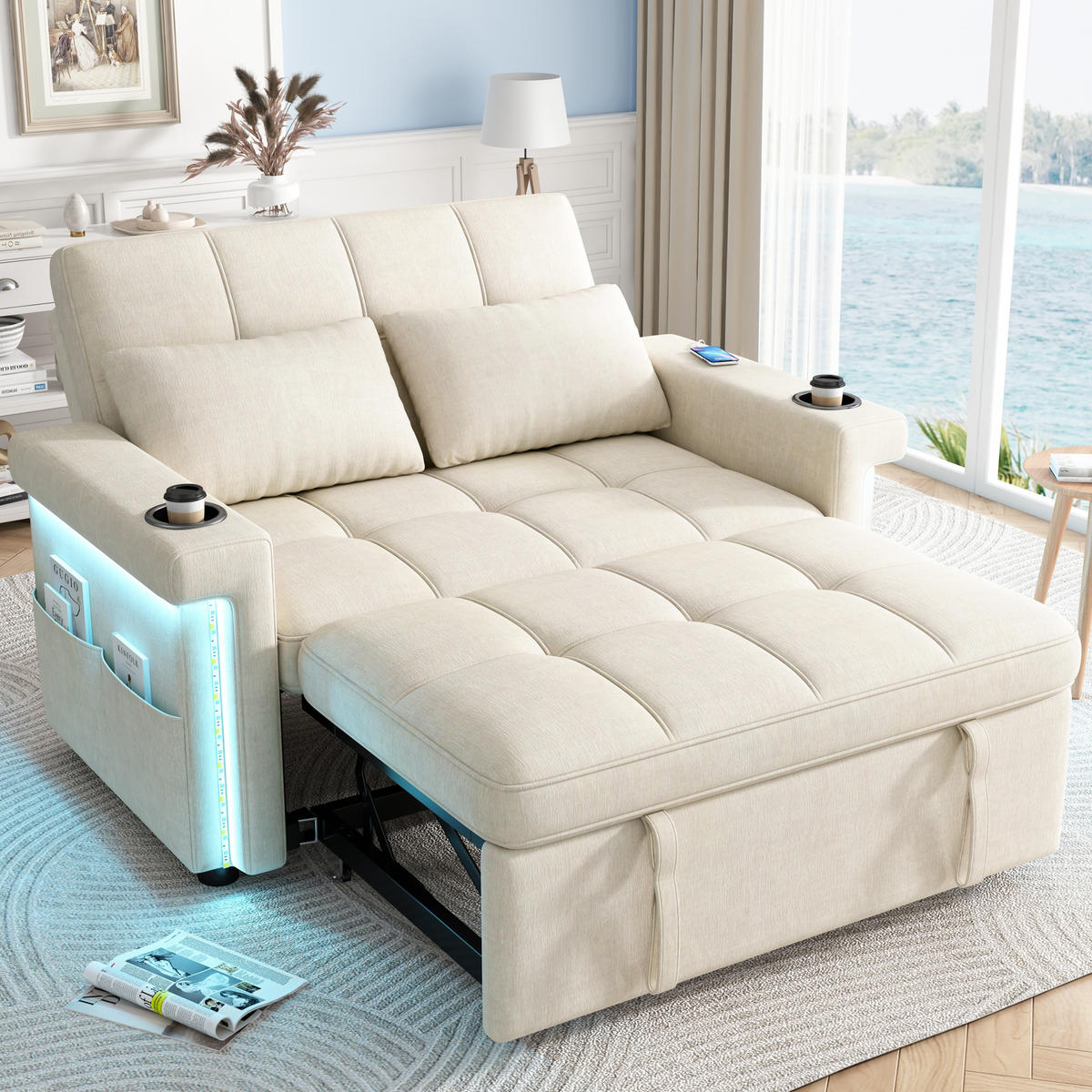SCHLAFSOFA 2-Sitzer, Beige, Chenille, LED, USB/Type-C - Beige, Textil (141.5/90/145cm)