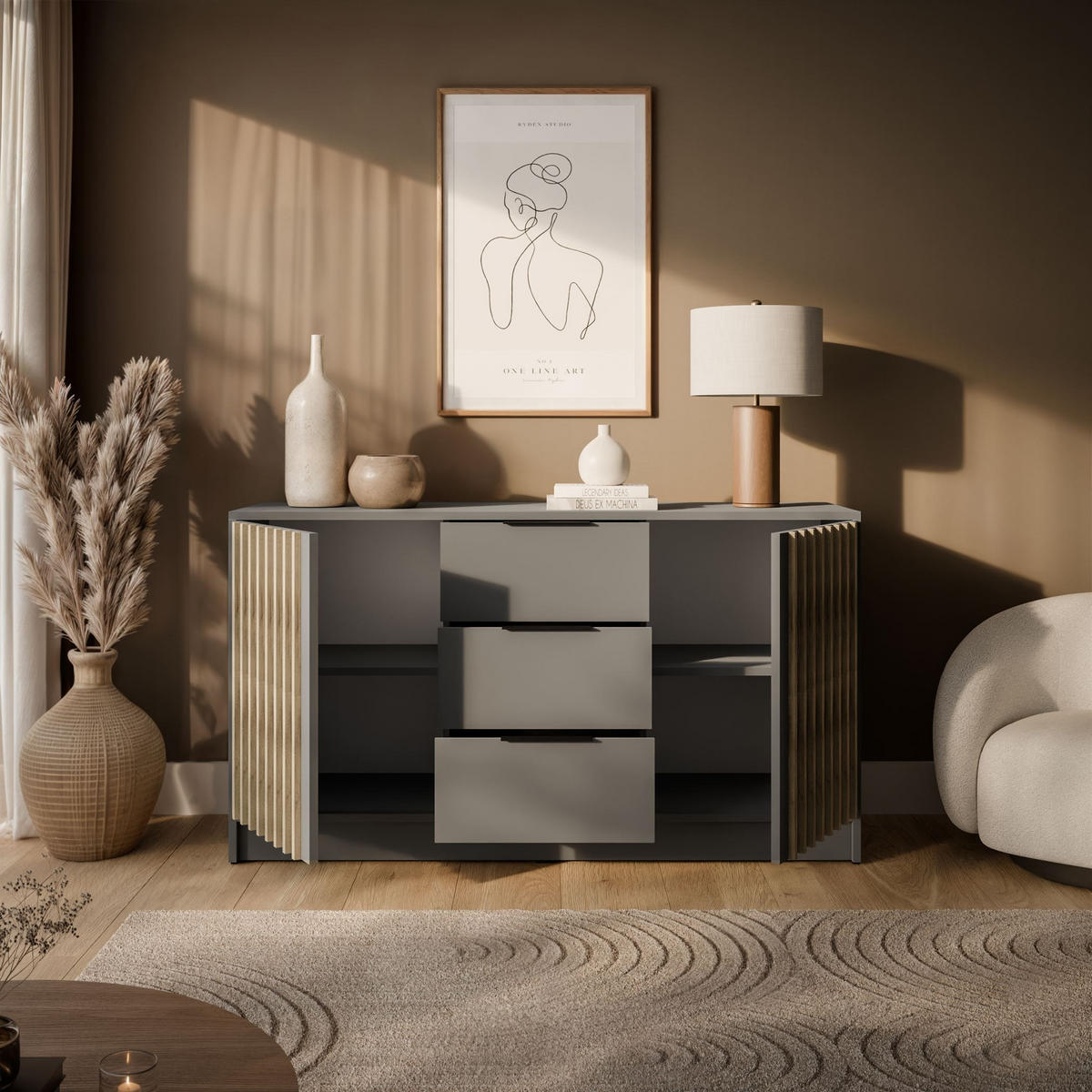 KOMMODE NELA, zweitürig mit Lamellen, Grau/Artisan - Grau, Holzwerkstoff (155/86/45cm) - Lookway