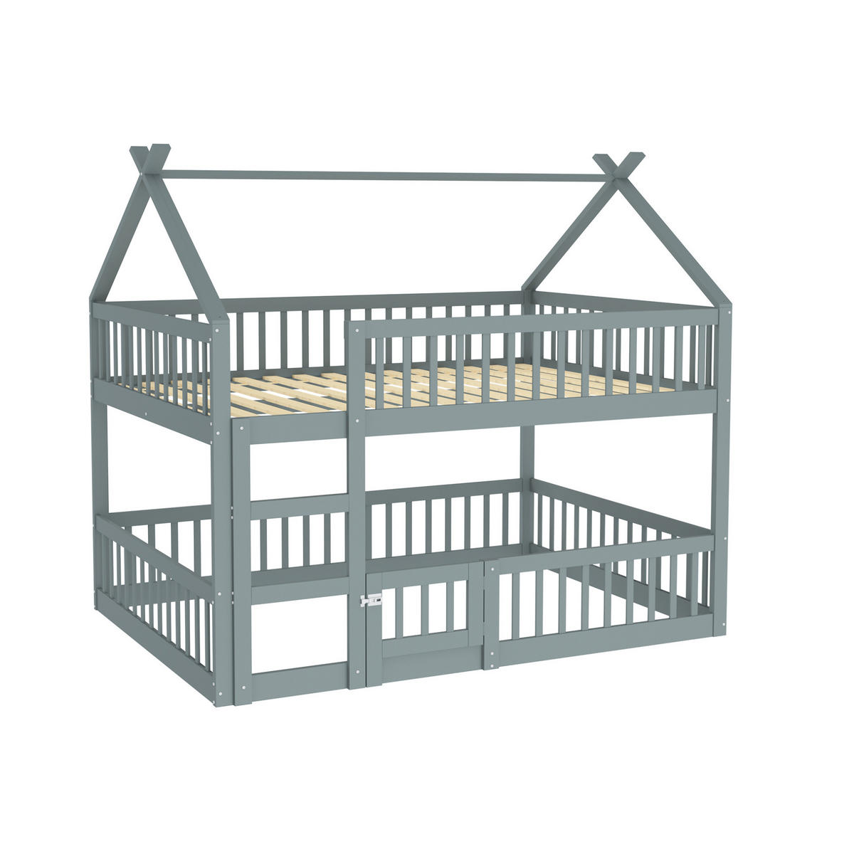 ETAGENBETT 140/200 cm Grau Massivholz mit Treppe und Hochsicherheitzaund - Grau, Holz (140/200cm) - OKWISH