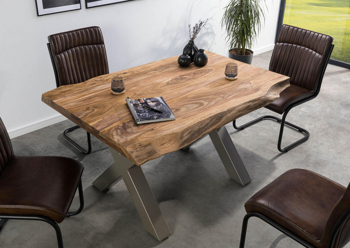 BAUMTISCH Sheesham 160x90x77 natur gebeizt / X-Beine silber matt FREEFORM 5 - Silberfarben/Naturfarben, Holz (160/90/77cm) - Massivmoebel24