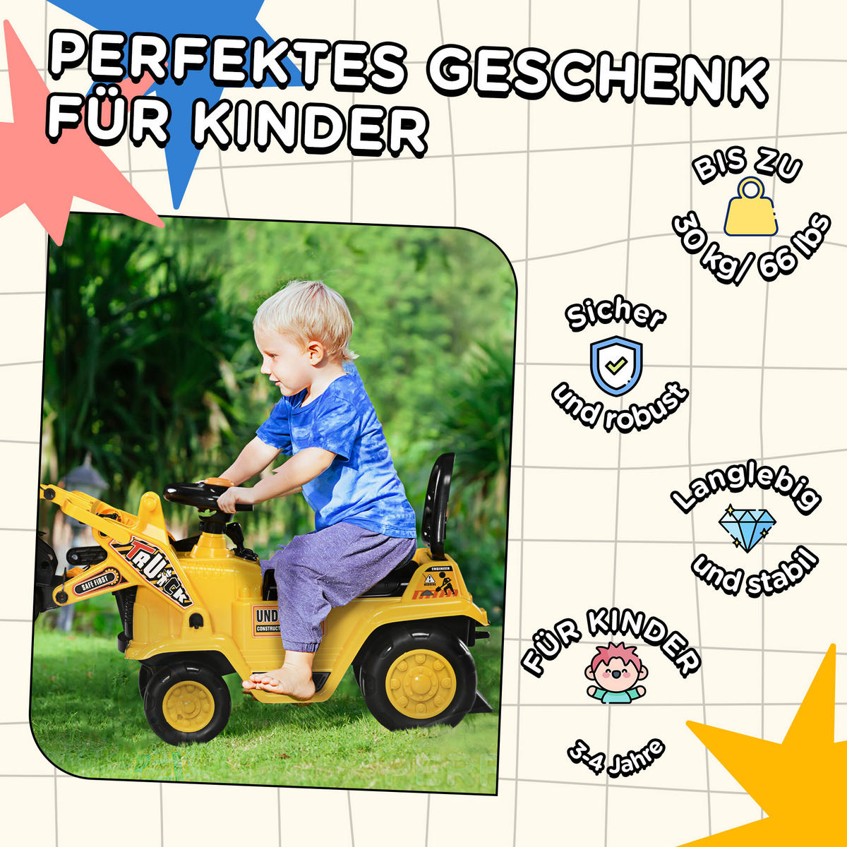 KINDER RUTSCHAUTO, Gelb+Schwarz, Kunststoff+ ABS - Gelb, Kunststoff (83/27/39cm) - HOMCOM