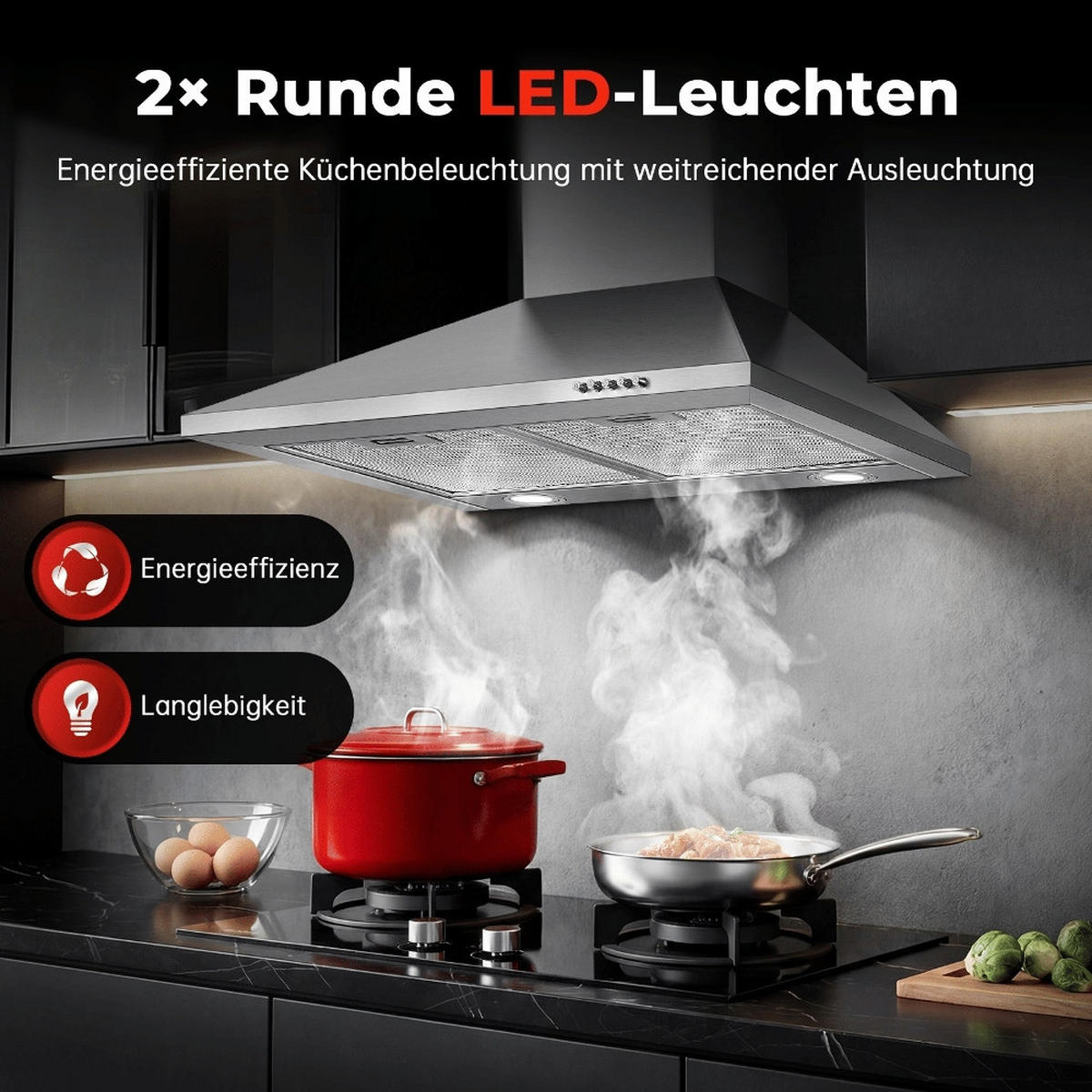 DUNSTABZUGSHAUBE EDELSTAHL Abluft Umluft LED-Beleuchtung 60 cm - Silberfarben, Metall (25.22/56.71/65.81cm) - Rolipo