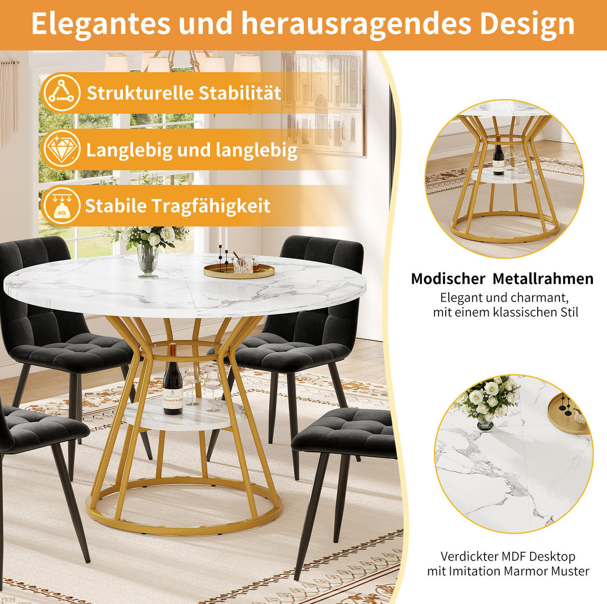 ESSTISCH, MDF in Marmoroptik mit Ablagefläche & Metallgestell, Ø 100/76 cm, Gold - Goldfarben, Holzwerkstoff (100/100/76cm) - Redom