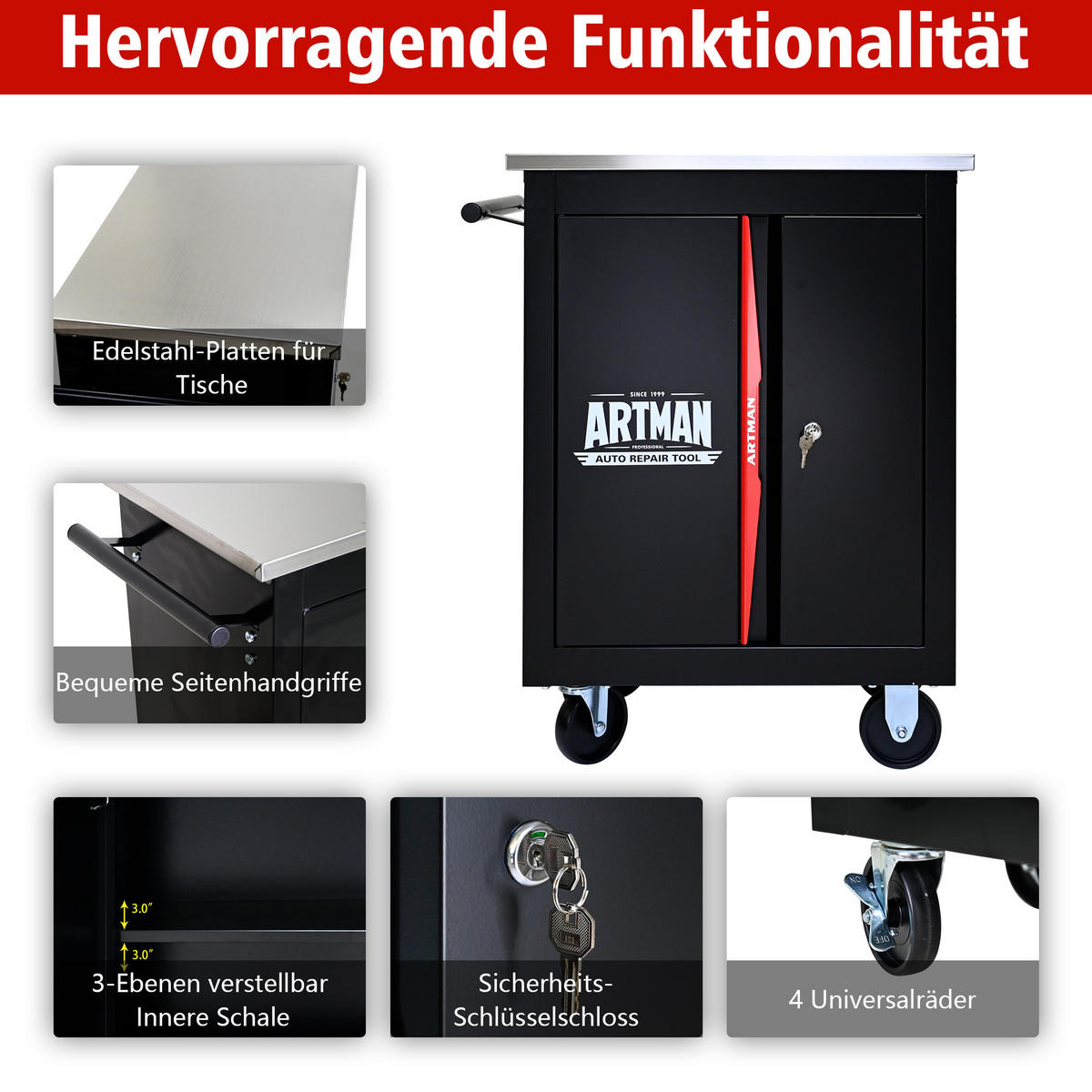 WERKZEUGWAGEN Metall Schwarz/Rot – Doppeltür, multifunktional, Werkstattwagen mit Stauraum für Garage & Werkstatt - Schwarz, Metall (34.5/78/62.5cm) - Ej. Life