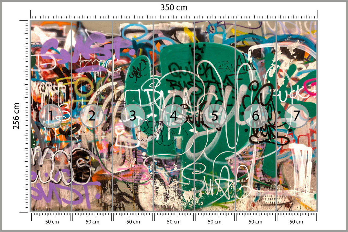 FOTOTAPETE für Jugendzimmer Straßenkunst Buntes Graffiti Urban 350x256 - Beige/Violett, Papier (350/256cm) - Muralo