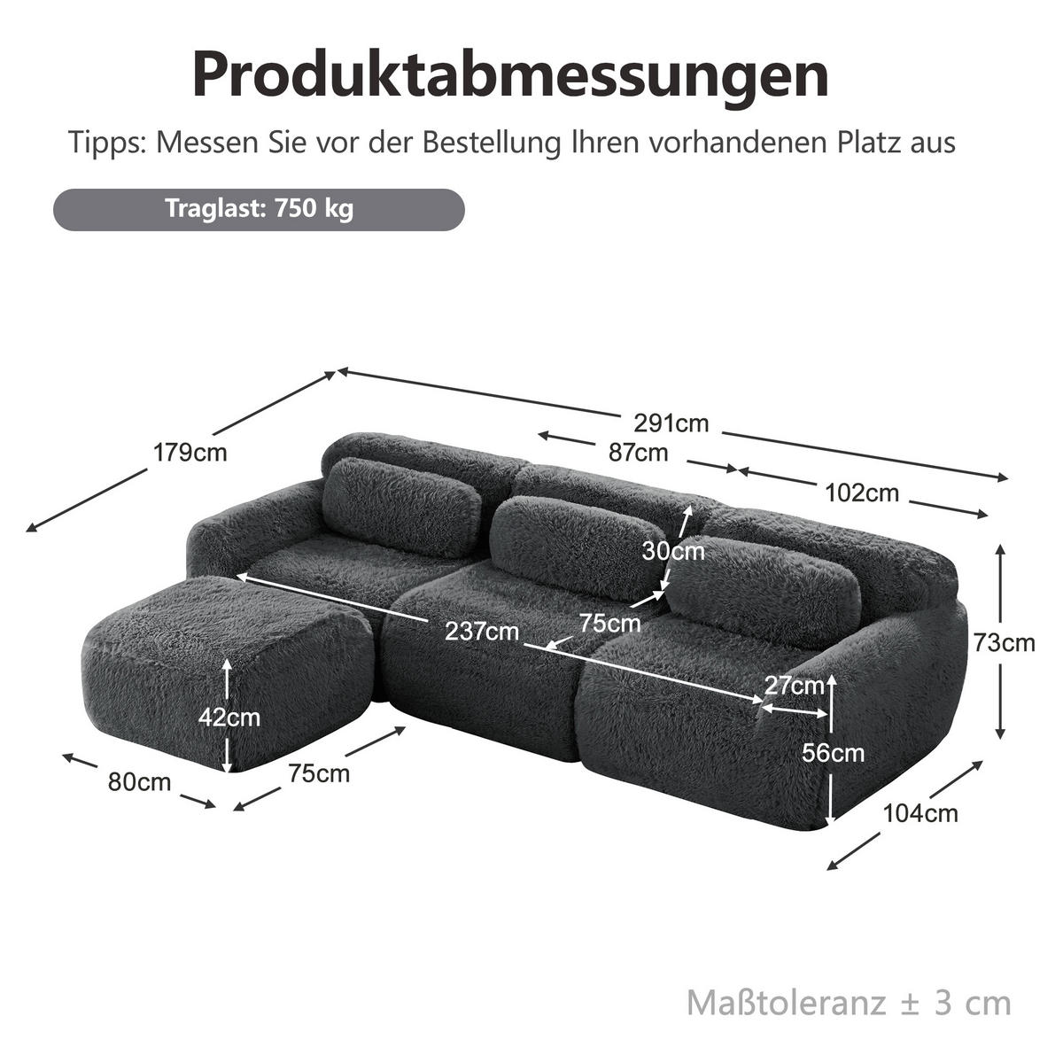 ECKSOFA 291/179/73 cm Grau Plüsch mit 1 Fußhocker und 2 kleinen Dekokissen - Grau, Textil (291/179cm) - Oxeza