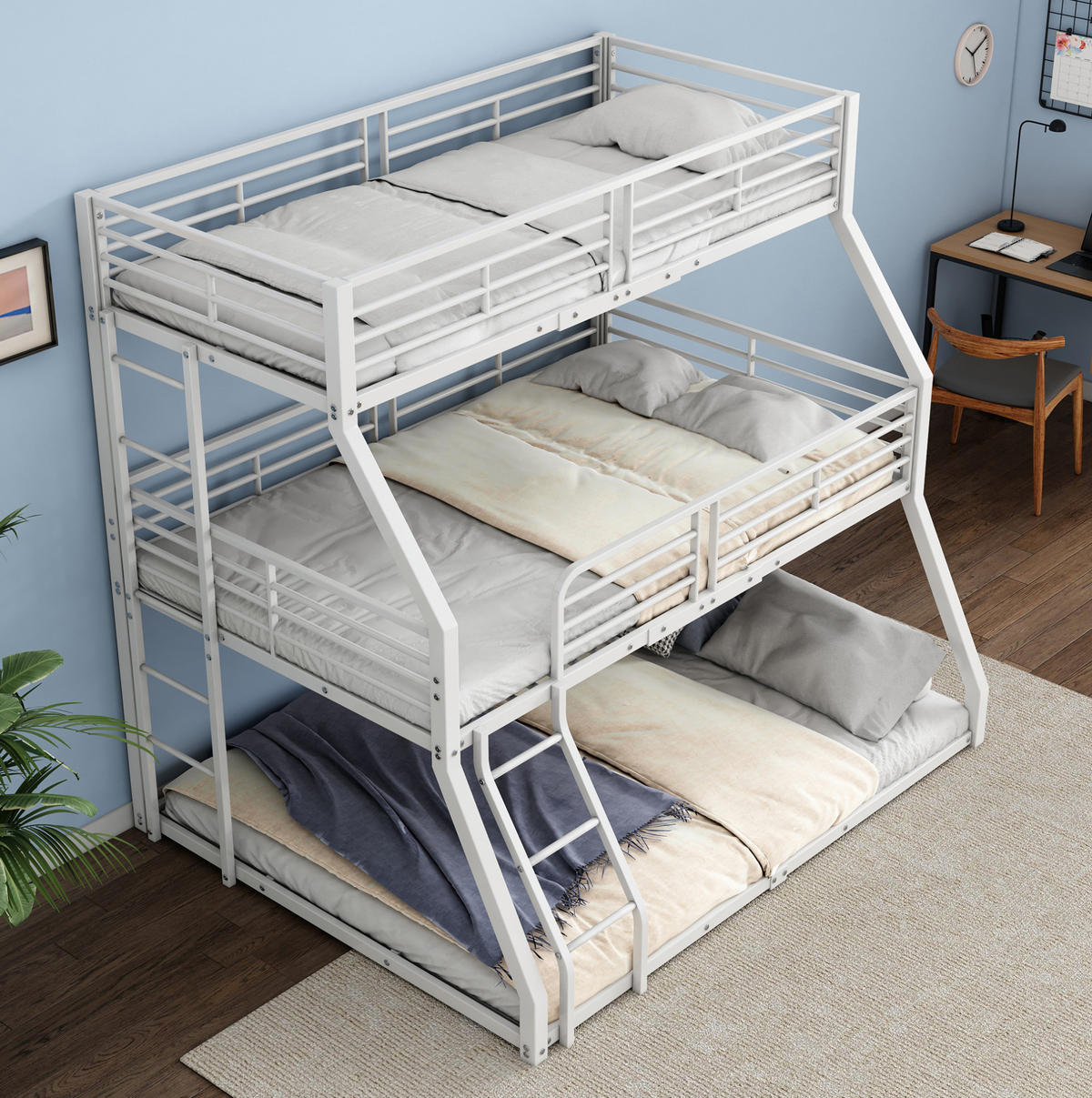 ETAGENBETT 90/200 cm aus Metall in Weiß – Dreifachbett mit 2 Leitern - Weiß, Metall (90/200cm) - BEAOK