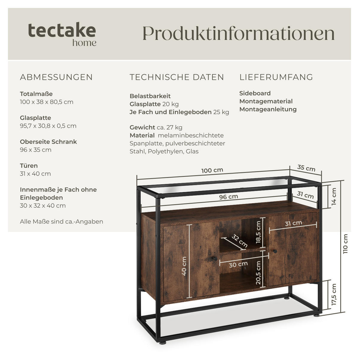 SIDEBOARD Oldham,100 x 38 x 80,5 cm,Industrial Holz dunkel, rustikal - Rostfarben, Holzwerkstoff (38/80.5/100cm) - tectake