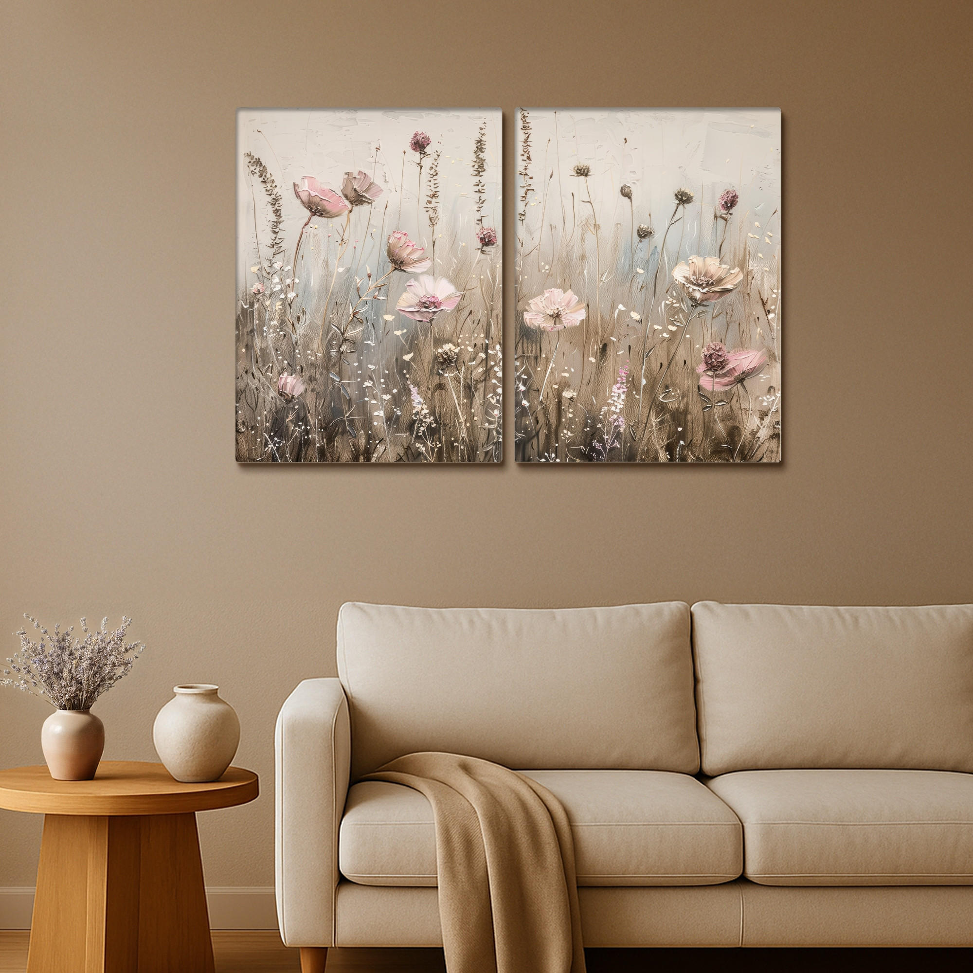 LEINWANDBILD 2er Set Blumen - Beige - Modern - Rosa 100x70 cm - Ecru, Textil (100/70cm) - MuchoWow