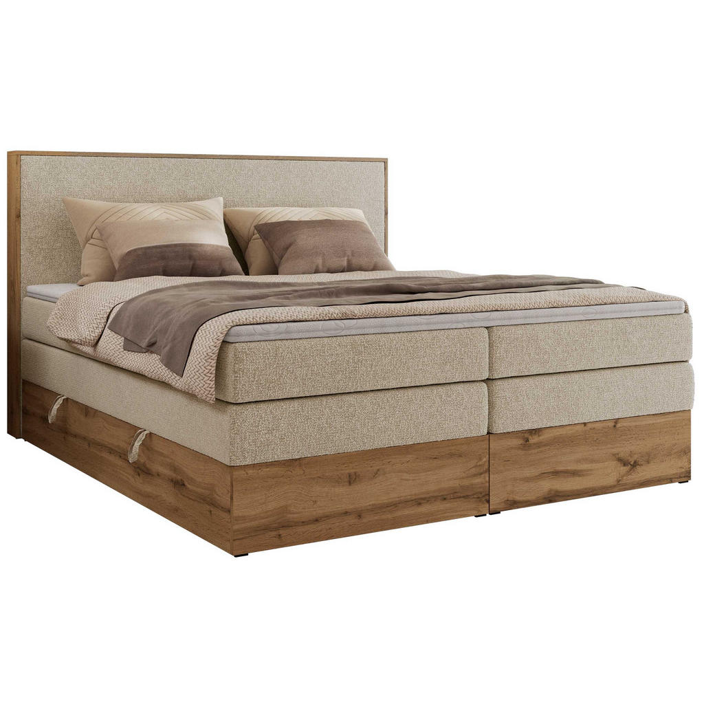 MKS POSTEL BOXSPRING WOOD CLASSIC KING 180/200 - Krémová Strukturovaná látka - H3