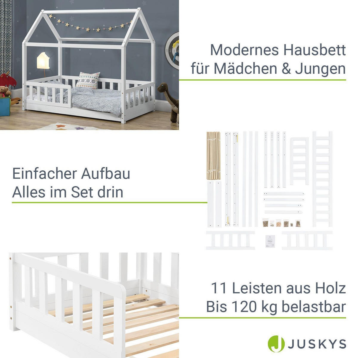 KINDERBETT Marli mit Matratze weiß 80x160 cm - Weiß, Holzwerkstoff (80/160cm) - Juskys