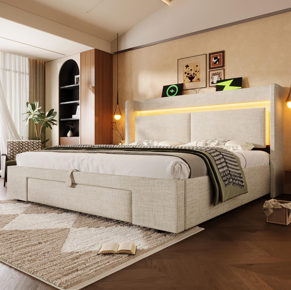 BETT mit Stauraum und LED 140x200 cm Beige mit Matratze - Beige, Metall (140/200cm) - Meubliv