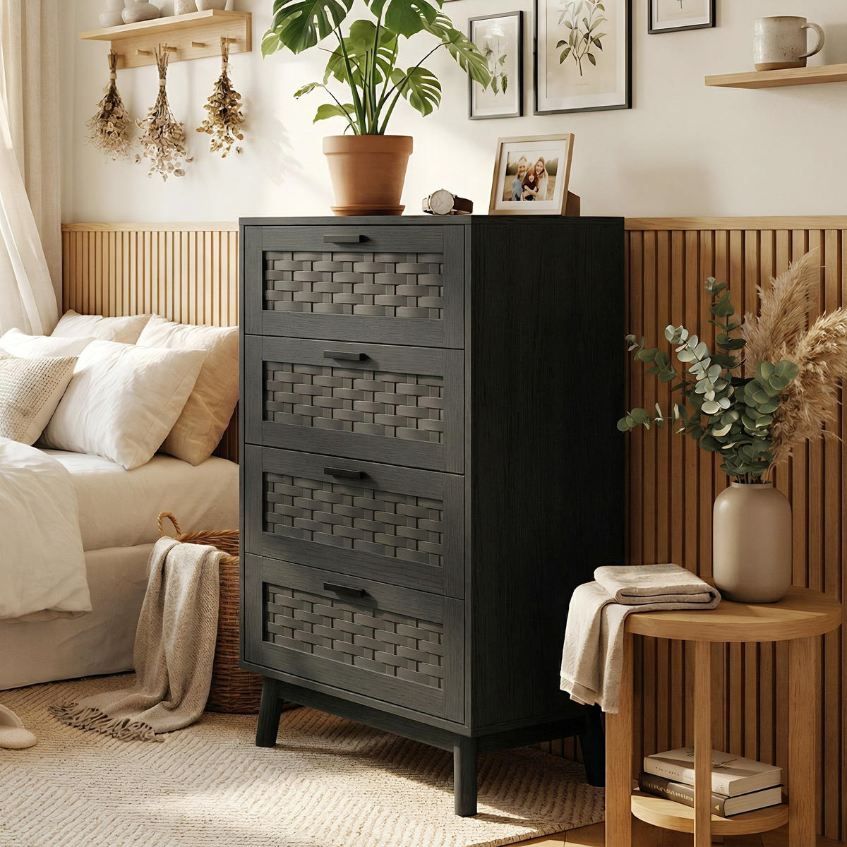 KOMMODE Japandi mit 4 Schubladen in Rattan-Optik 55/40/95 cm Schwarz - Schwarz, Holzwerkstoff (55/95/39.8cm) - Creahappy