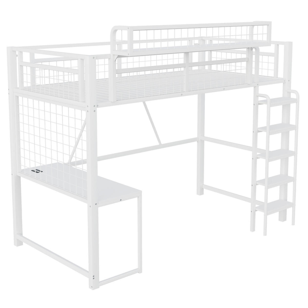 HOCHBETT 90/200 cm in Weiß mit Schreibtisch, LED, Steckdose und Ablage Metall modern - Weiß, Holzwerkstoff/Metall (90/200cm) - STILVORA