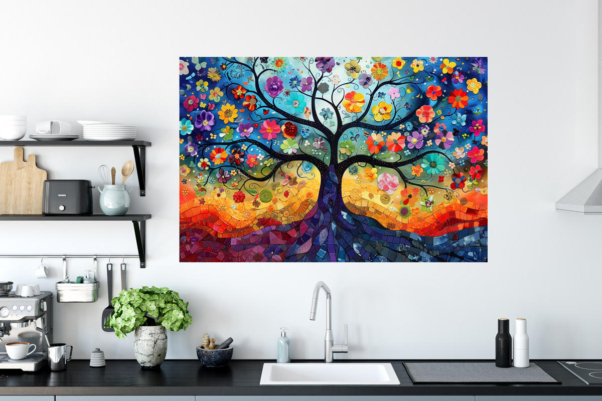 WANDTATTOO Kunst - Baum des Lebens - Blumen - Hippie 120x80 cm - Dunkelblau, Kunststoff (120/80/0.1cm) - MuchoWow