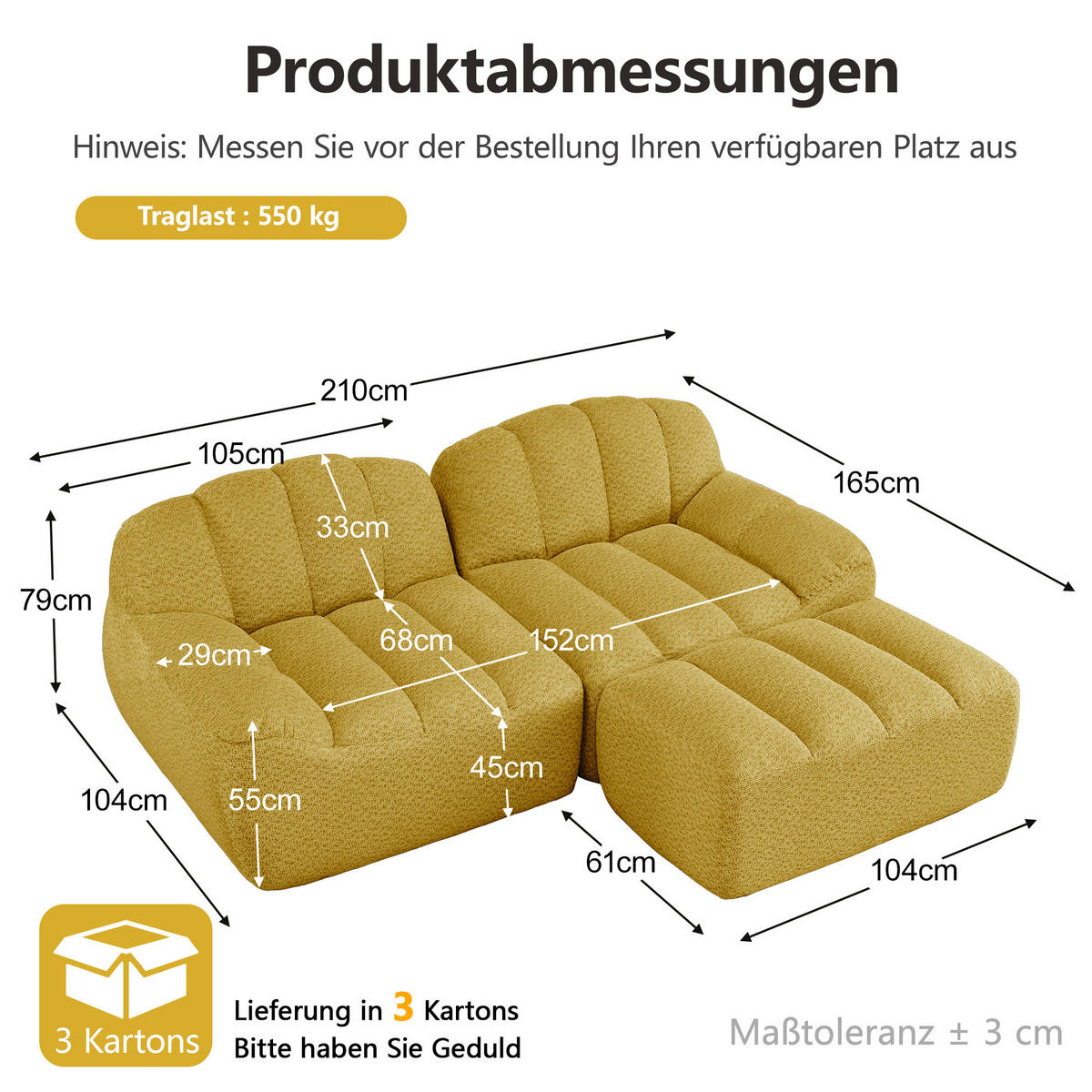 ECKSOFA DE-34312 2-Sitzer mit Ottoman Gelb - Gelb, Textil (165/210cm) - ComfortXL