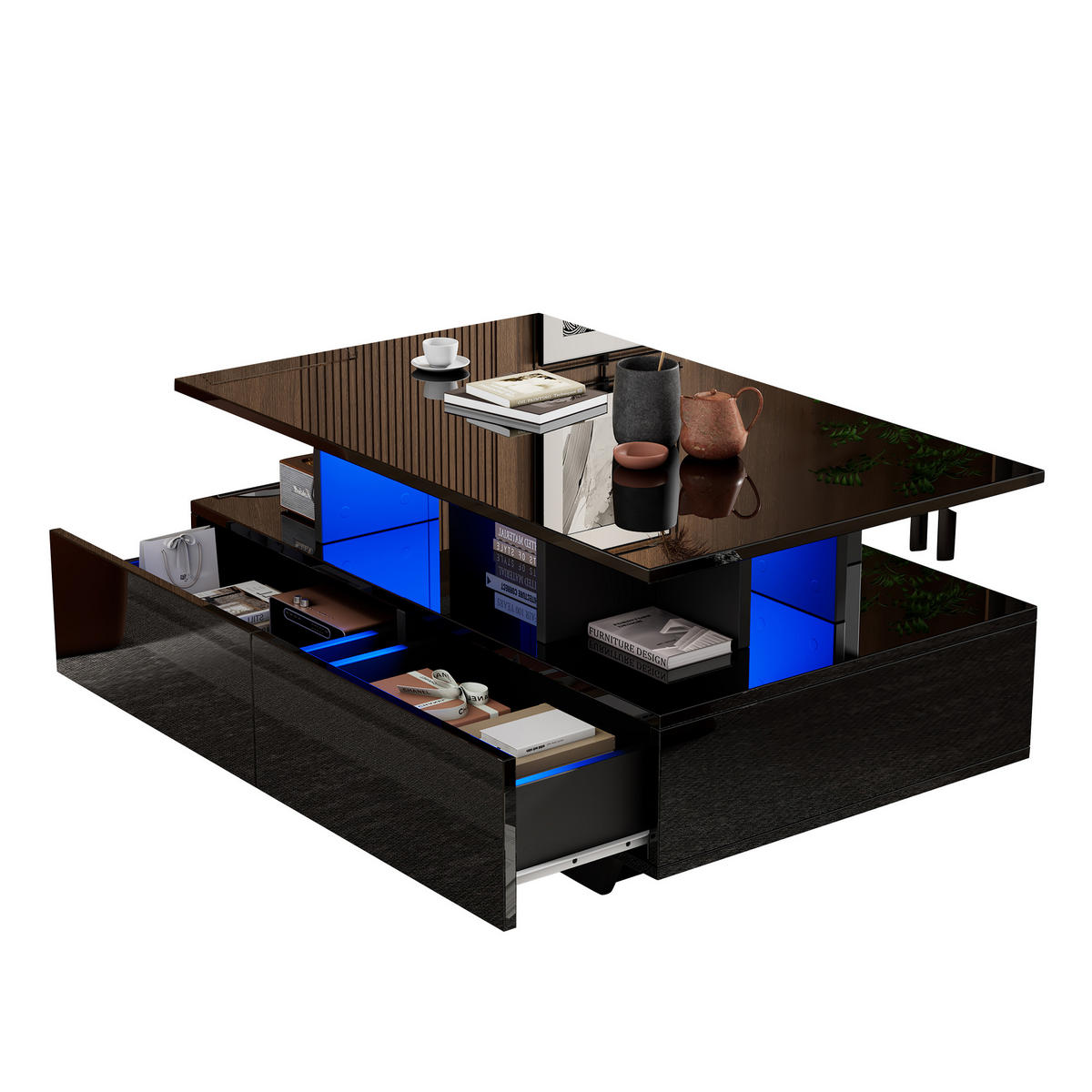 COUCHTISCH 90/55/41 cm hochglanz schwarz mit LED-Beleuchtung und 2 Schubladen - Schwarz, Holzwerkstoff (90/55/41cm) - OKWISH