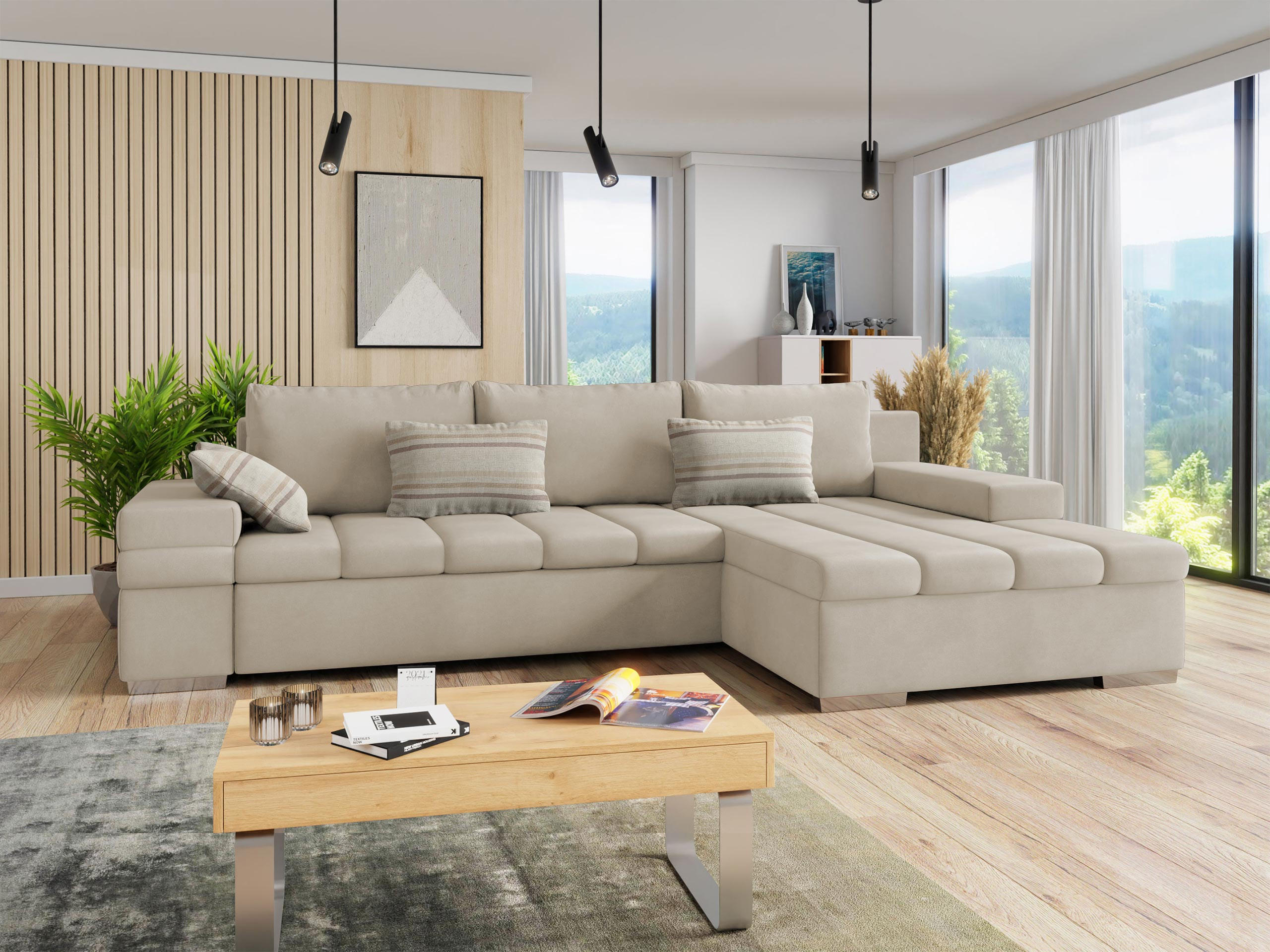 ECKSOFA Bangkok, Seite: Rechts - Beige/Silberfarben, Holz/Textil (310/175cm) - MIRJAN24