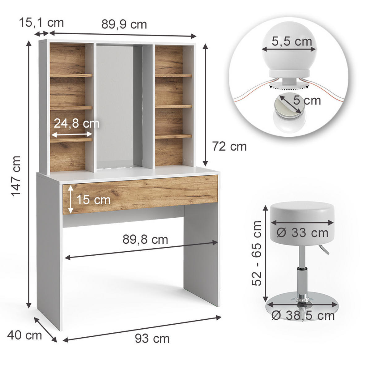 SCHMINKTISCH Alexa Goldkraft Eiche/Weiß 93 cm mit LED Beleuchtung und Hocker - Honigeiche/Weiß, Holzwerkstoff (93/147/40cm) - Vicco