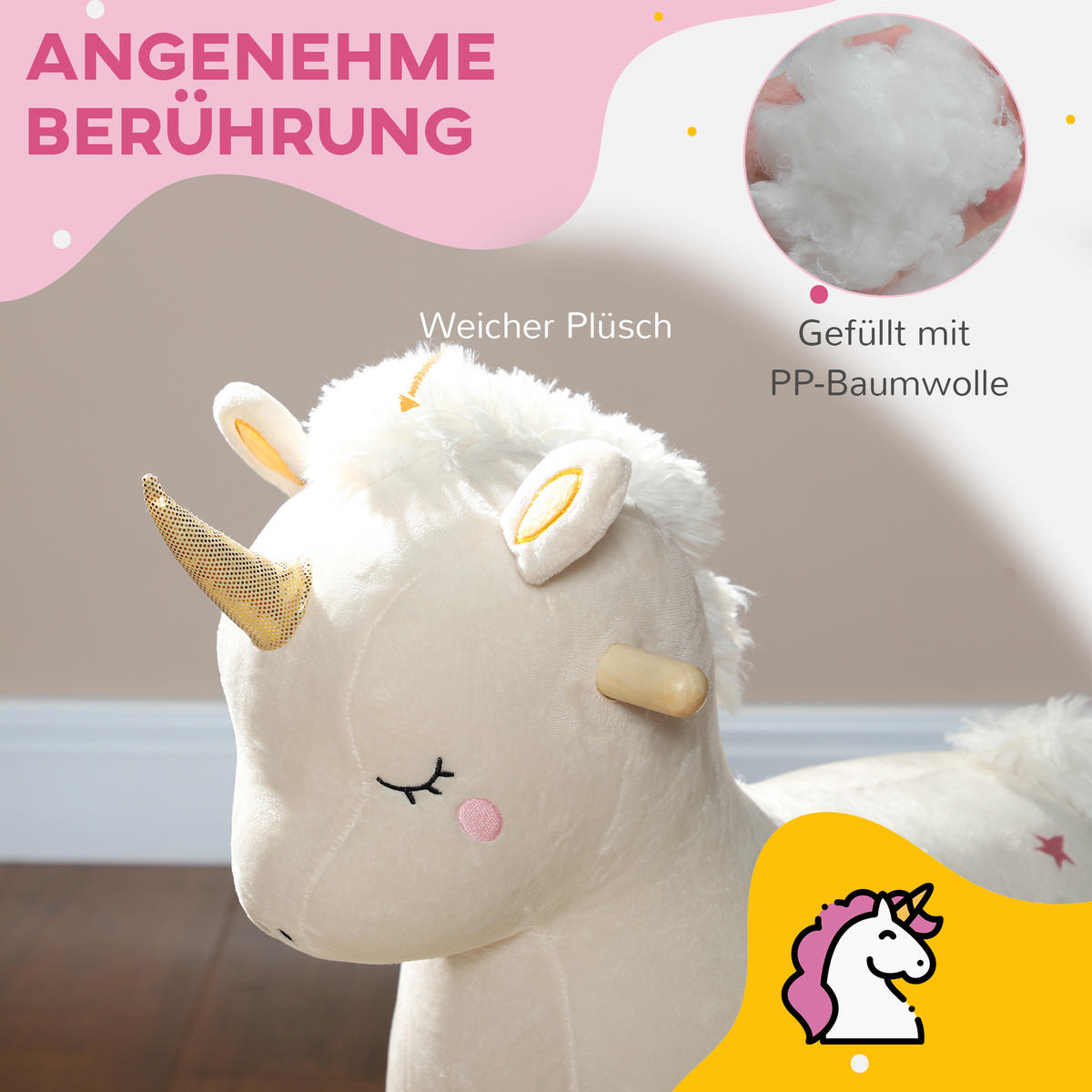 SCHAUKELTIER mit Unicorn Design, Sound, weicher Sitz, für 2-4 Jahre Kinder - Weiß, Textil/Metall (33/56/63cm) - AIYAPLAY