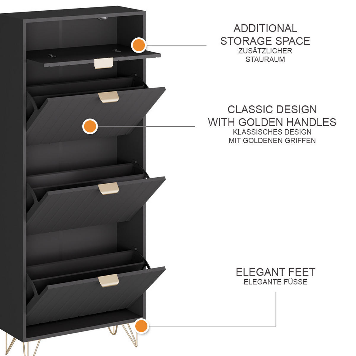 SCHUHSCHRANK Helge Schwarz 60 x 145 cm 3 Fächer - Schwarz, Holzwerkstoff (60/145/23.5cm) - Vicco