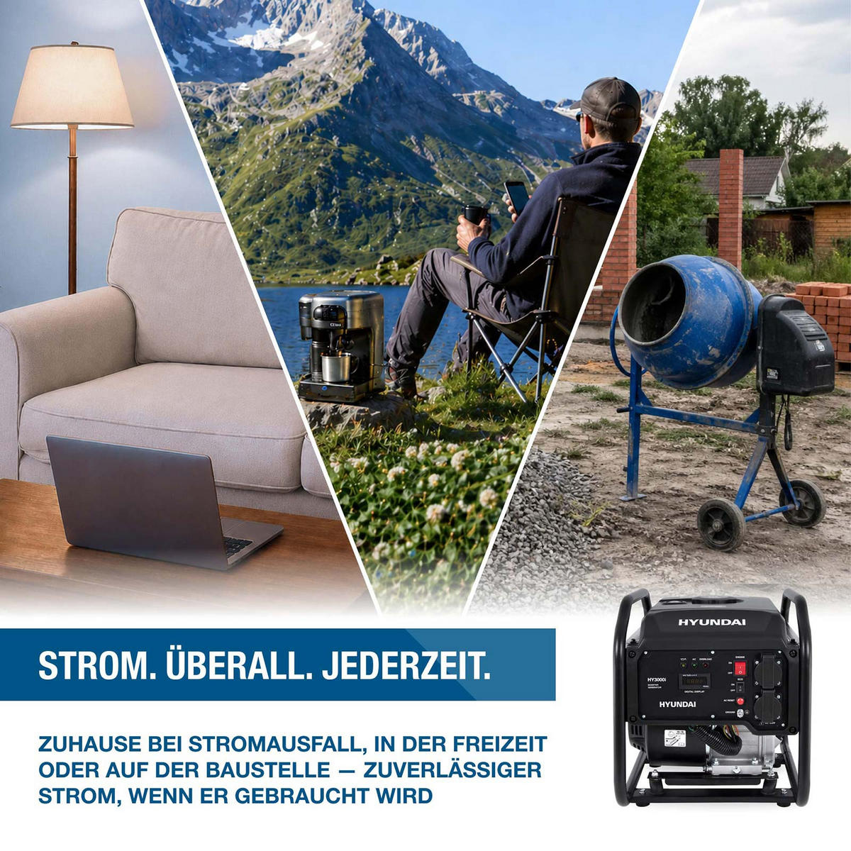 INVERTER-GENERATOR HY3000i (3.0 kW, tragbar, 2 x 230V) - Schwarz, Metall (46.3/35.5/42.5cm) - HYUNDAI