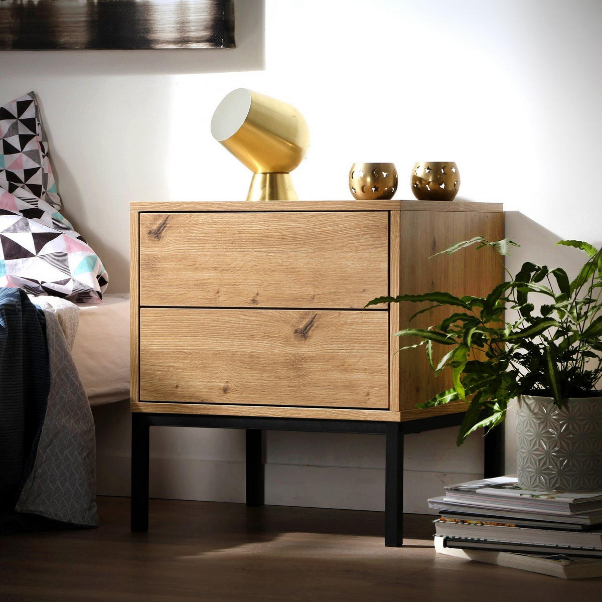 NACHTTISCH mit 2 Schubladen Holzdekor 45/40/50 cm - Eichefarben, Holzwerkstoff (40/50/45cm) - Calicosy