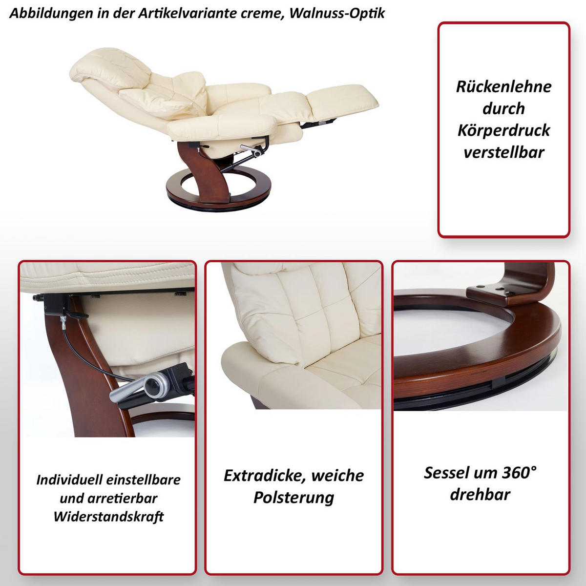 RELAXSESSEL 2 Beige - Beige, Leder (90/105/82cm) - MCA