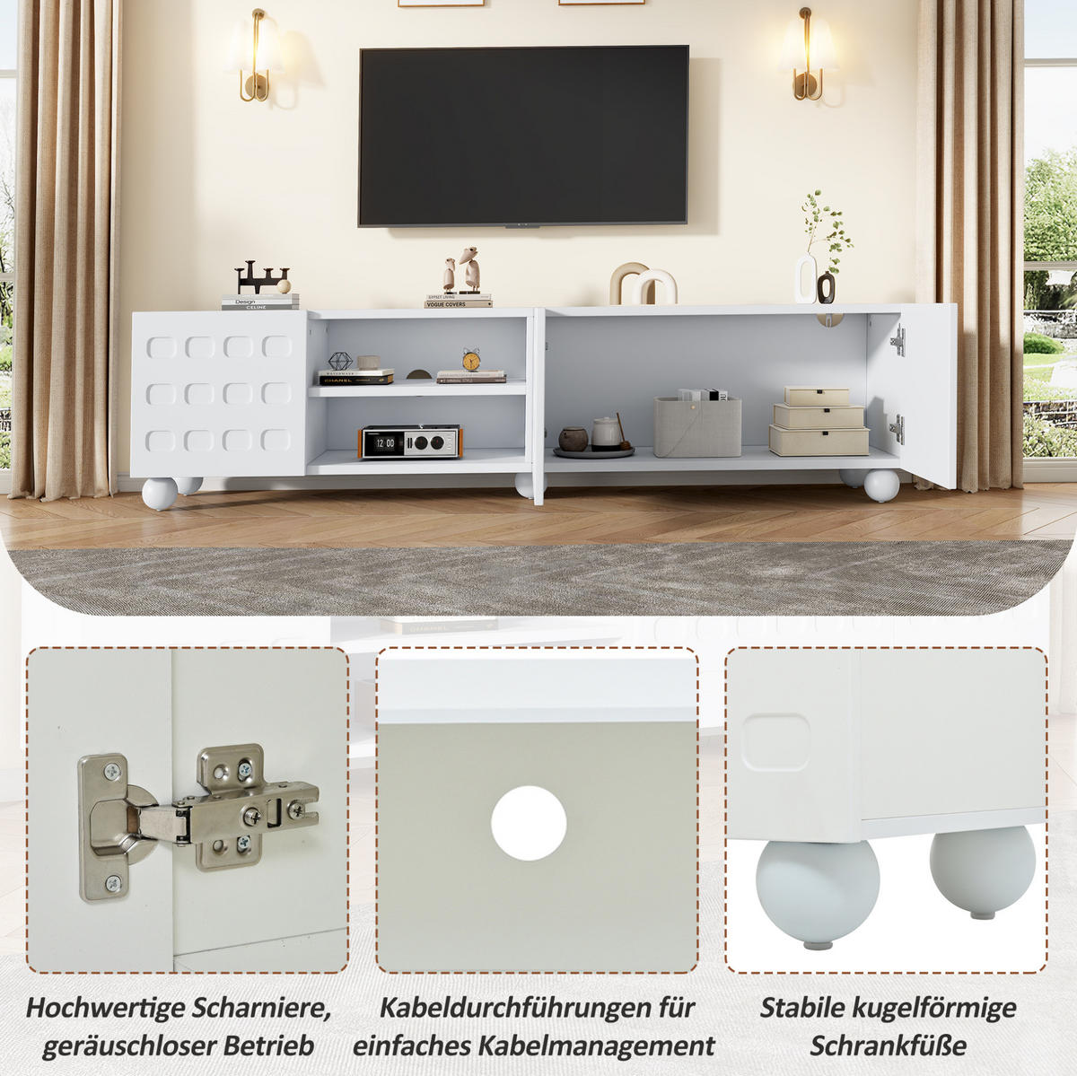 TV-LOWBOARD aus Spanplatte 200x40x44 cm Weiß mit 3 Türen, 2 halboffenen Ablagen und bedruckter Front - Weiß, Holzwerkstoff (200/44/40cm) - Modfu