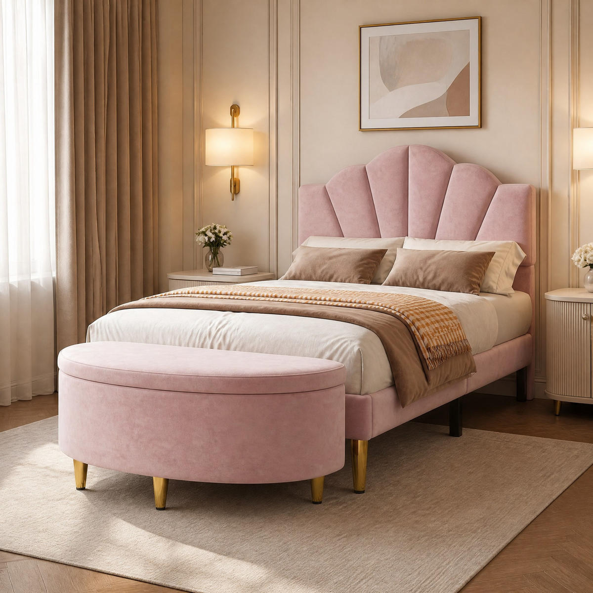 POLSTERBETT 90/200 mit Stauraumbank und höhenverstellbarem Kopfteil in Rosa - Rosa, Holzwerkstoff/Textil (90/200cm) - EVRYAE