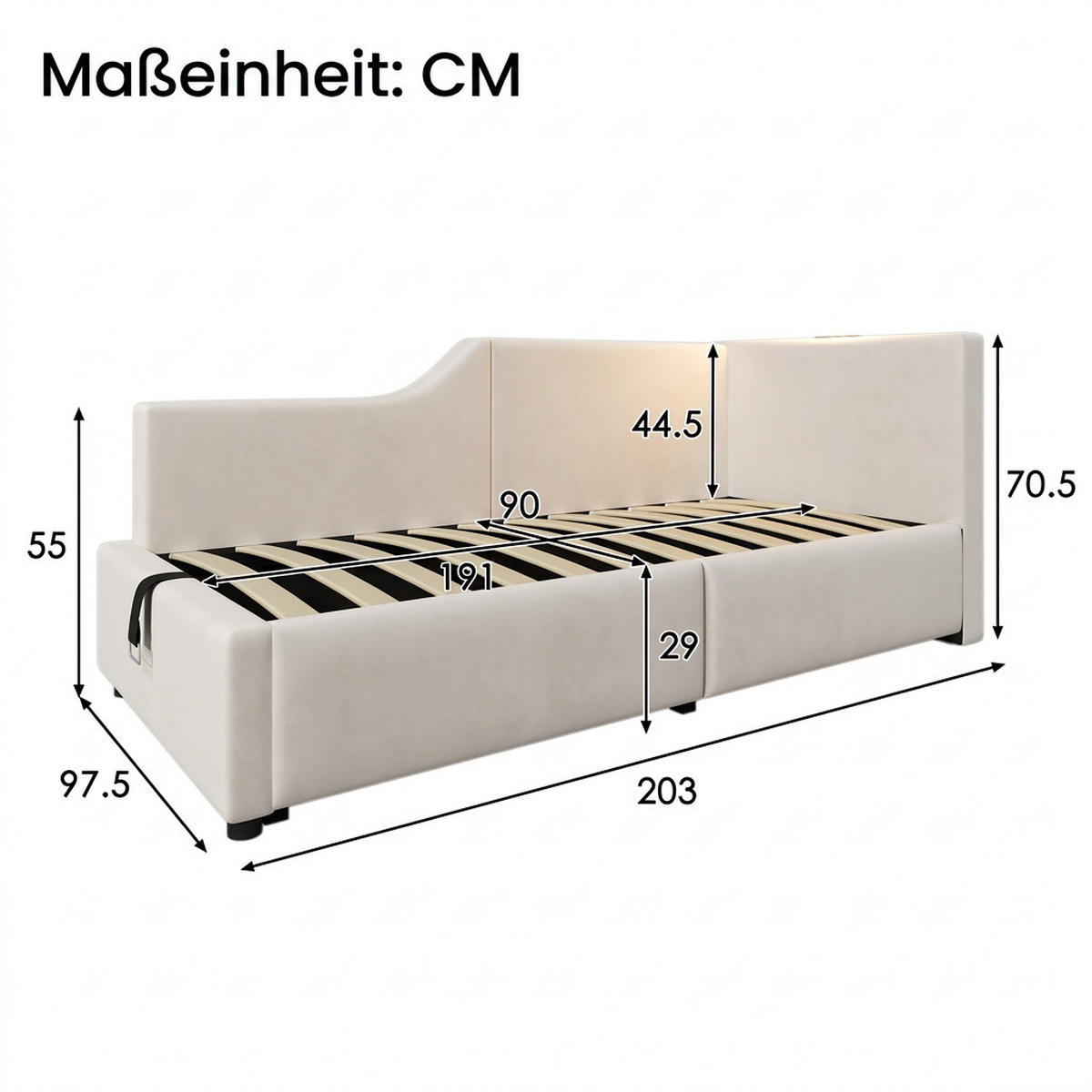 POLSTERBETT 90/190 cm Beige mit Leselichtfunktion und USB-C-Ladefunktion - Beige, Holz/Textil (90/190cm) - Oxeza