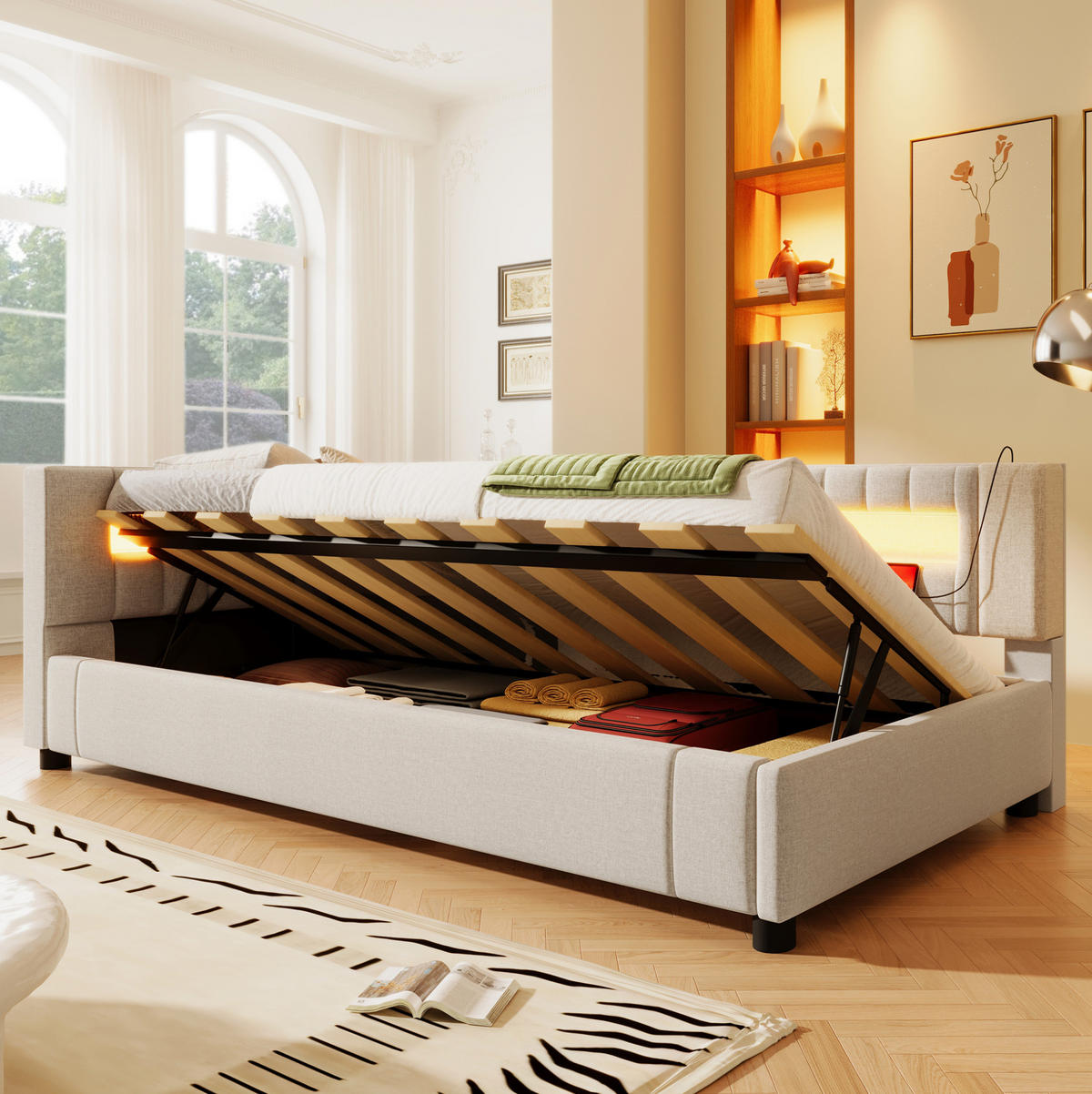 POLSTERBETT 90/200 cm in Beige mit LED-Beleuchtung, Stauraum und USB- und Type-C-Anschlüssen - Beige, Textil (90/200cm) - Flora Grace