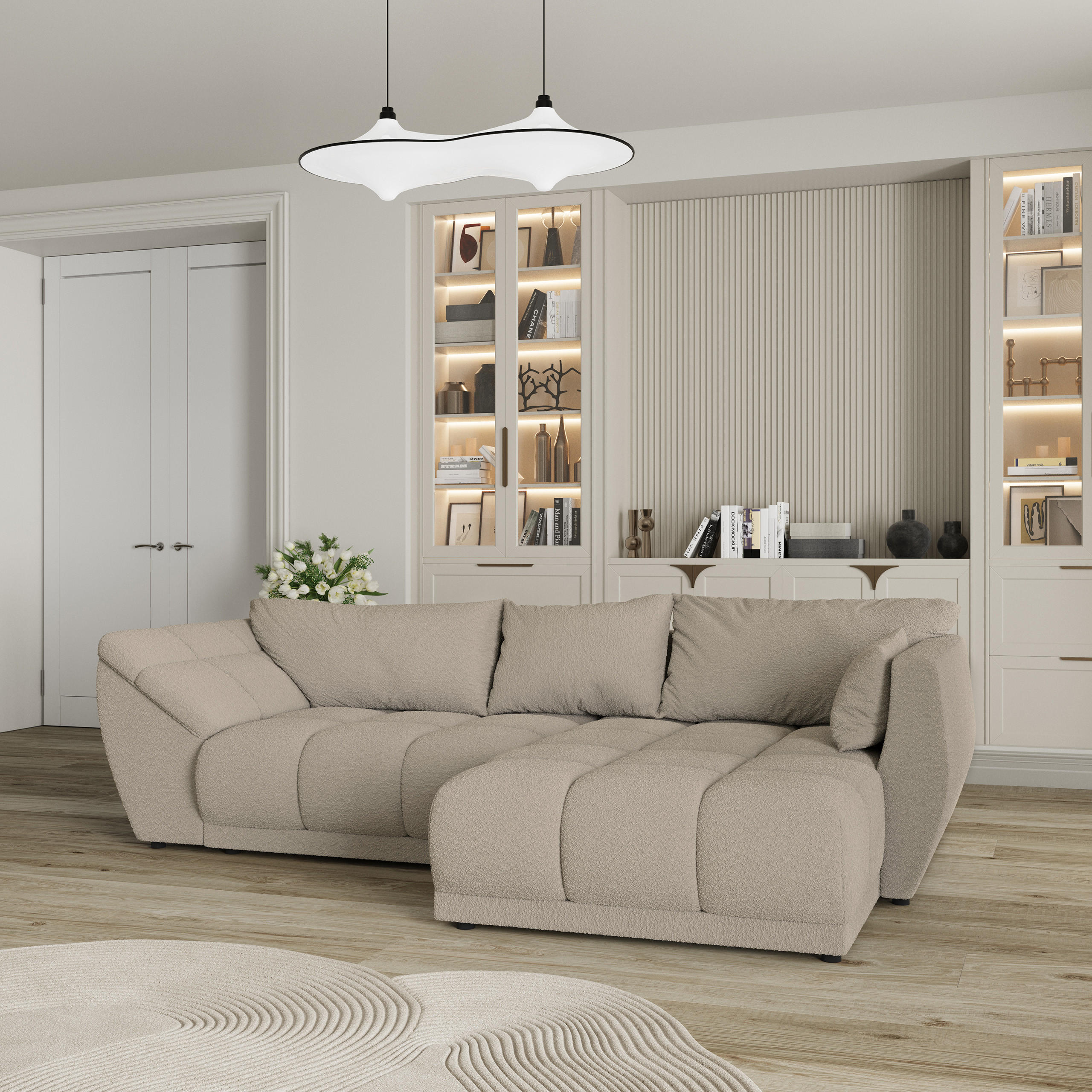 ECKSOFA ORENTI R-S Beige Boucle-Stoff mit Schlaffunktion - Beige, Holz (287/182cm) - MASSENO