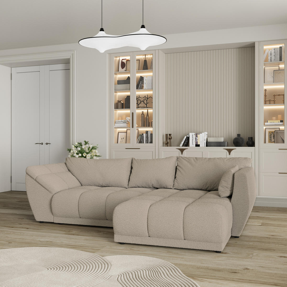 ECKSOFA ORENTI R-S Beige Boucle-Stoff mit Schlaffunktion - Beige, Holz (287/182cm) - MASSENO