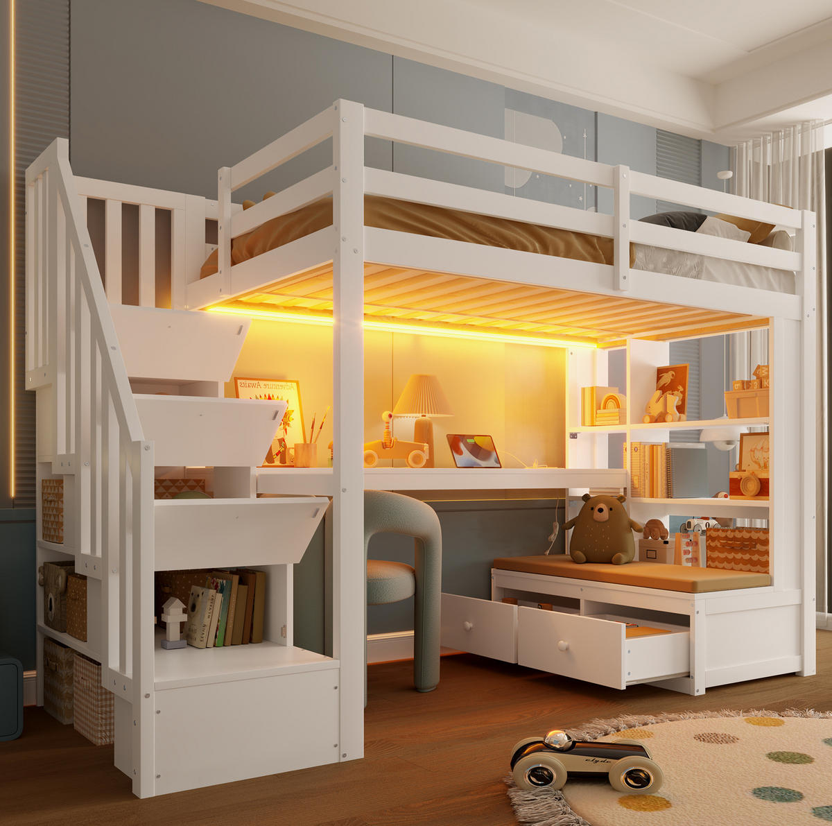 HOCHBETT aus Kiefer, MDF und Sperrholz 90x200 cm Weiß mit Schreibtisch, Stauraumtreppe und LED-Beleuchtung - Weiß, Holzwerkstoff (90/200cm) - Modfu