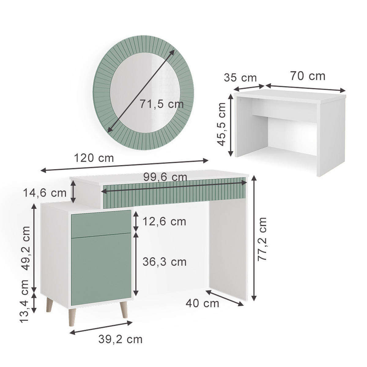 SCHMINKTISCH Arles Grün 120 cm mit Bank - Weiß/Grün, Holzwerkstoff (120/77.2/40cm) - Vicco