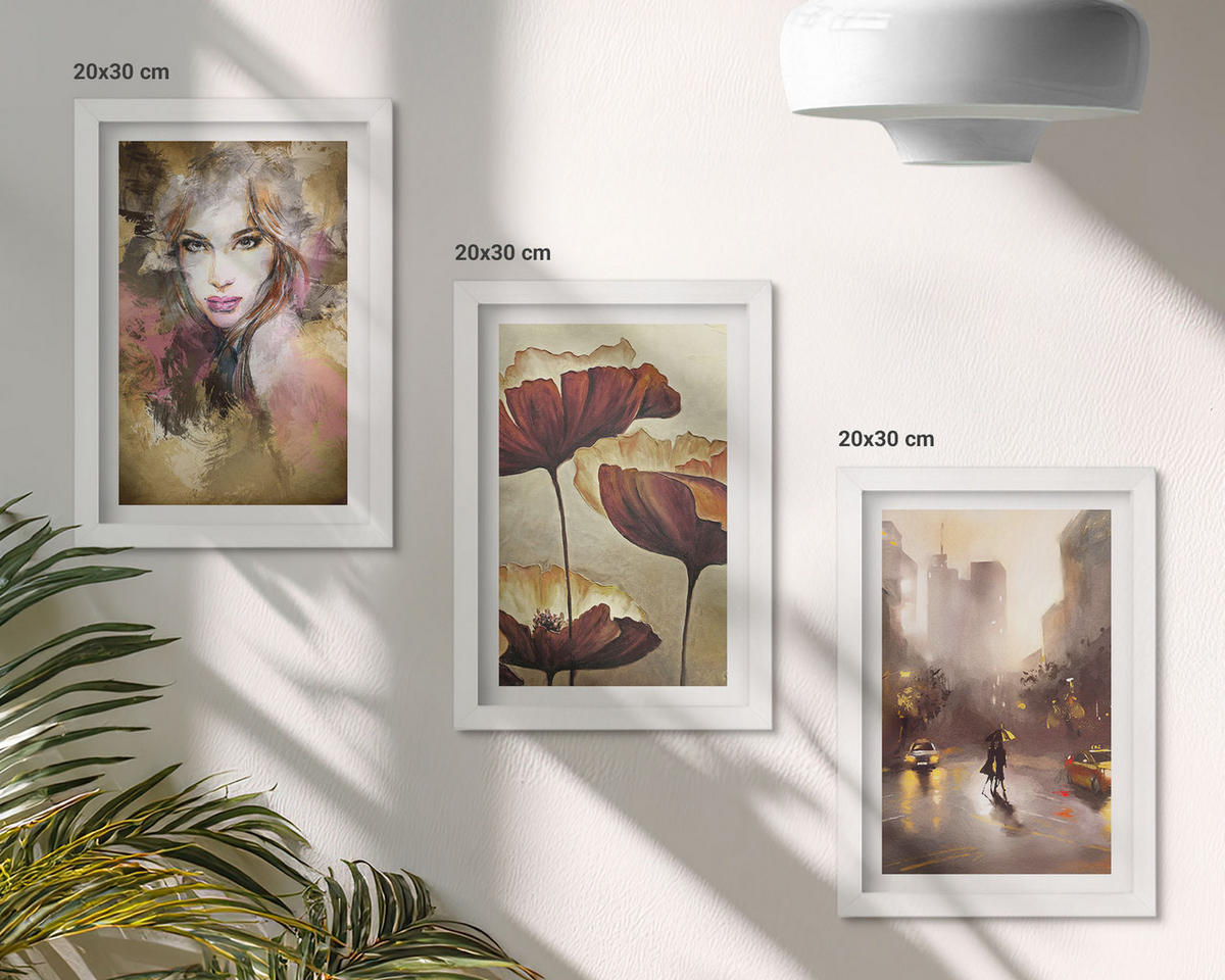 WANDBILDER 3er-Set - 20x30 cm Weißer Rahmen - Abstraktes Porträt einer Frau mit Blumen und Regen - Weiß, Kunststoff (20/30cm) - ArtPrintCave