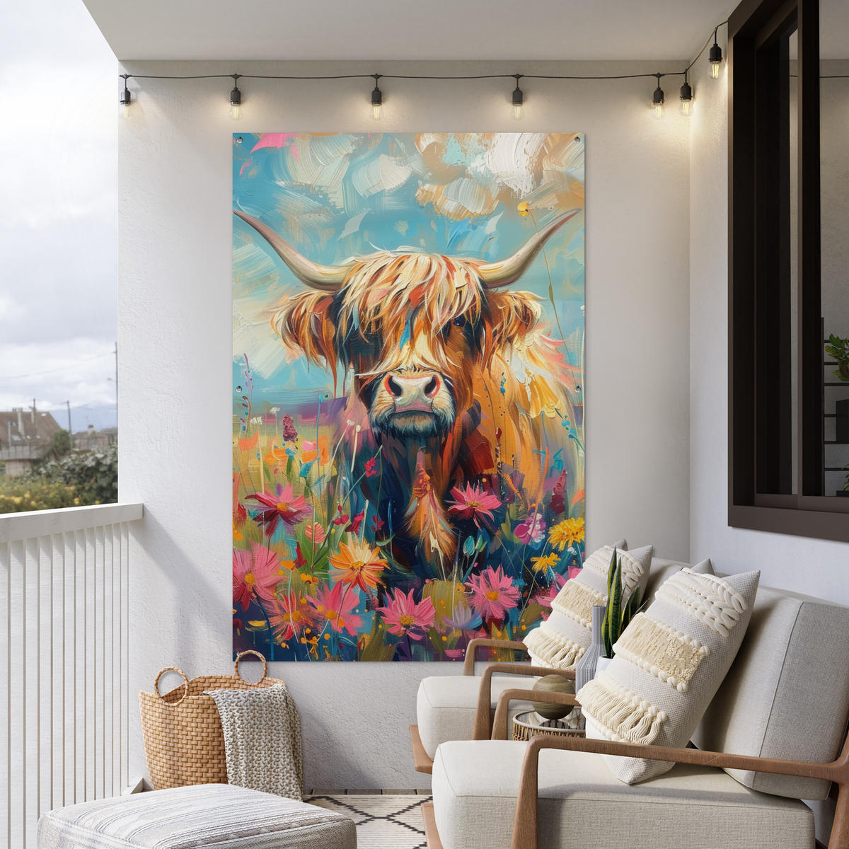 ZAHRADNÍ PLAKÁT Skotský horal - Příroda - Barevné - Květiny 120x180 cm - světle modrá, plast (120/180/0.2cm) - OnlyWow