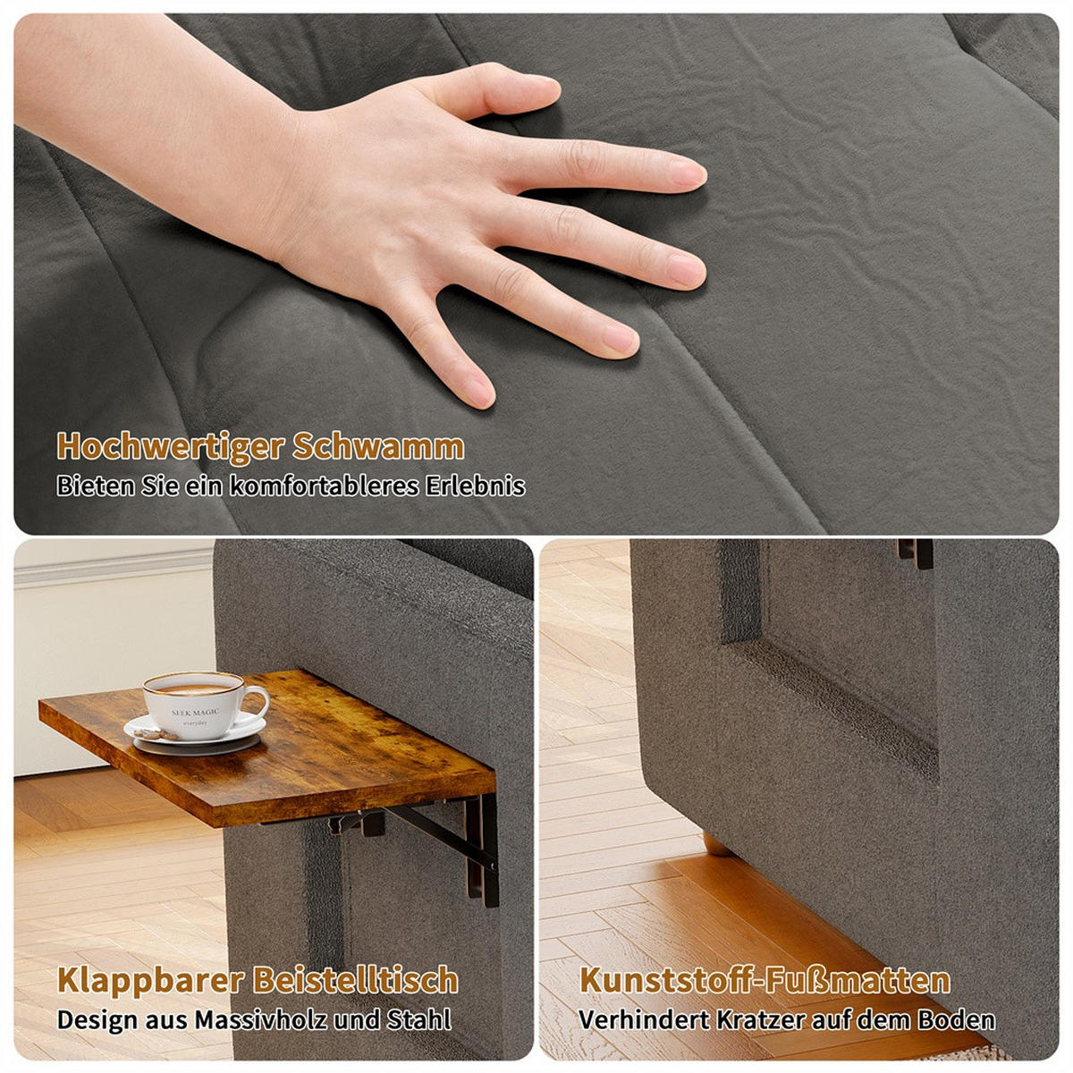 SCHLAFSESSEL mit klappbarem Ablagetisch und Seitentasche - Grau - Grau, Textil (85/86/108cm) - DELFA