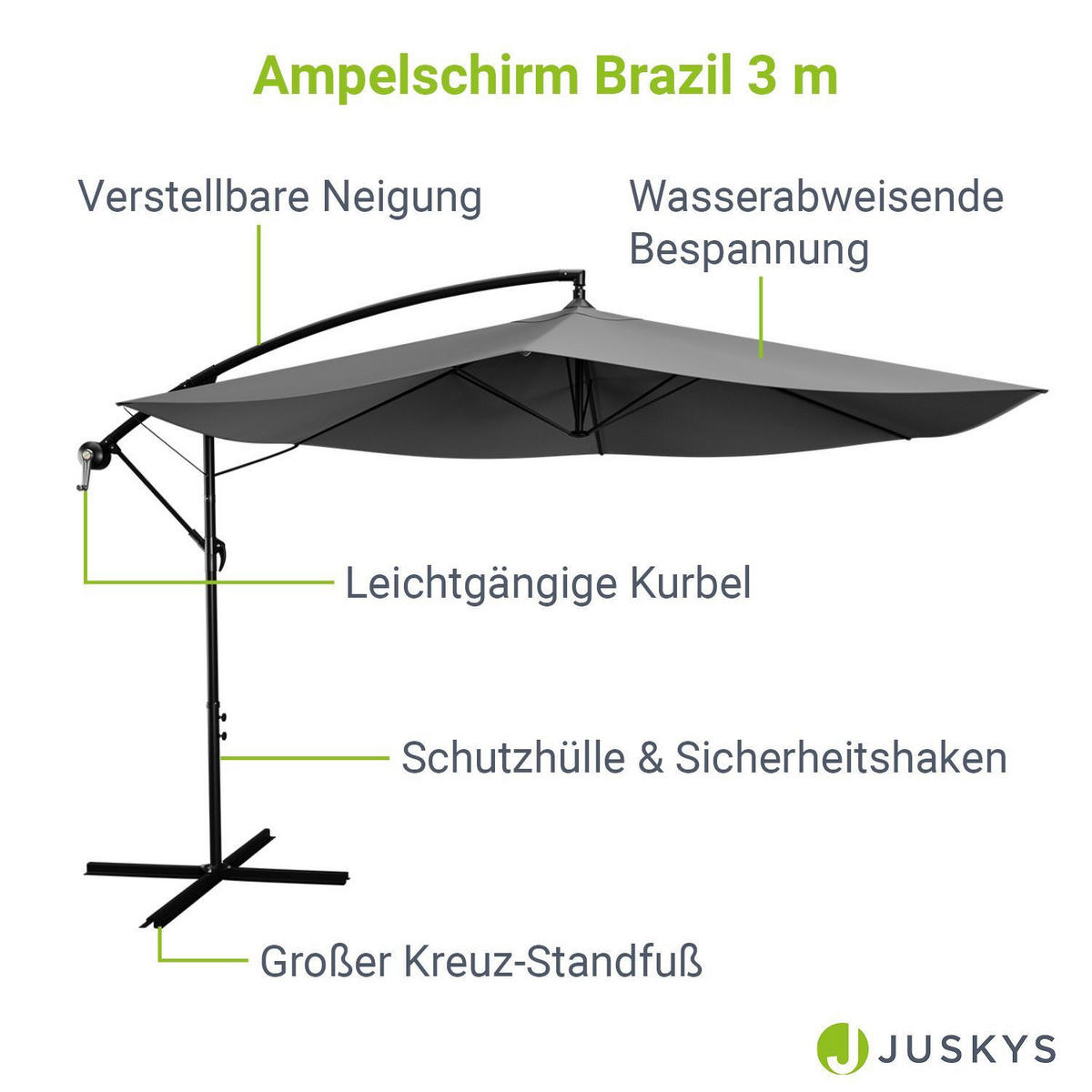 AMPELSCHIRM Brazil dunkelgrau 3m mit Kurbel und Standfuß - Dunkelgrau, Metall (285/285cm) - Juskys